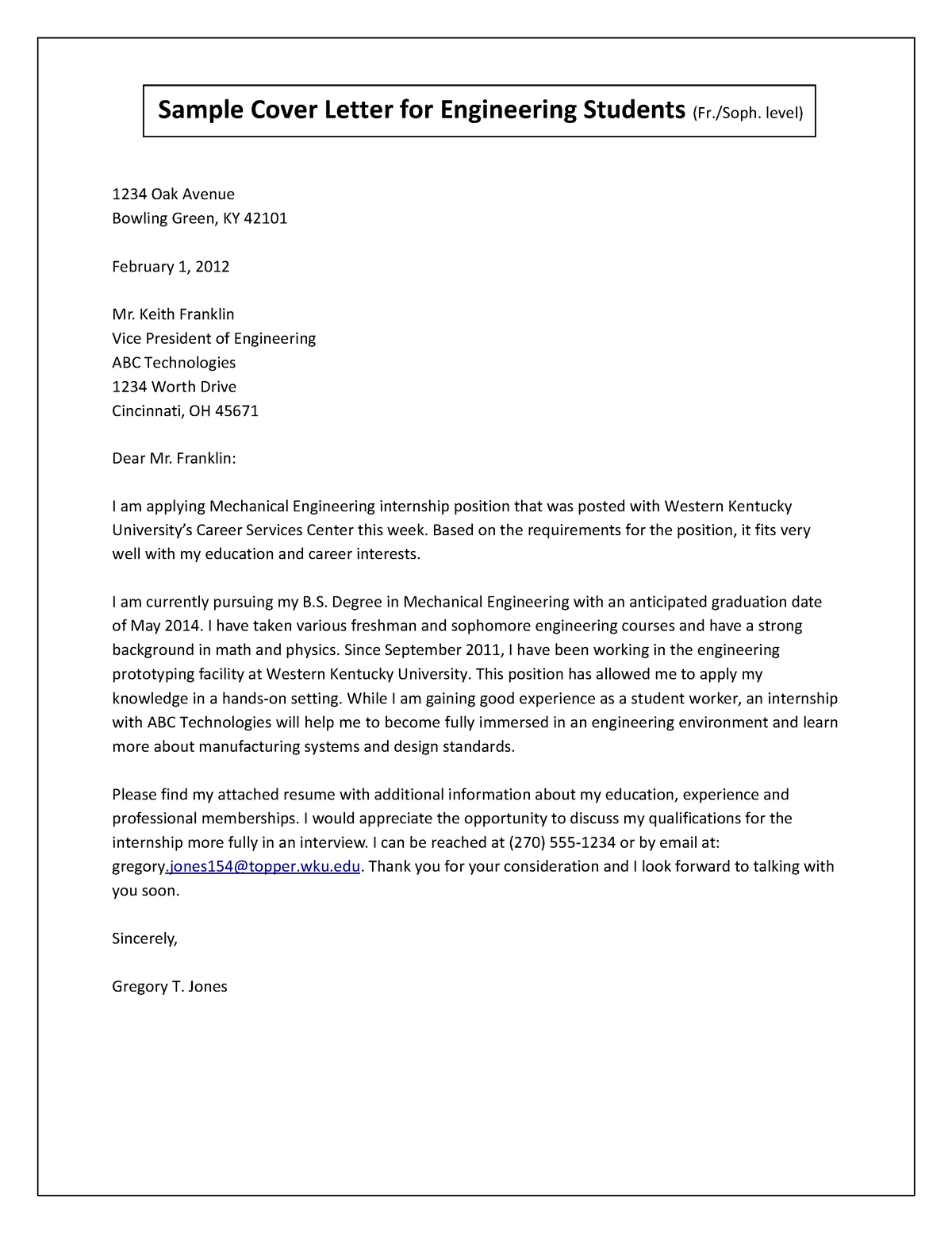 mechanical engineering internship cover letter