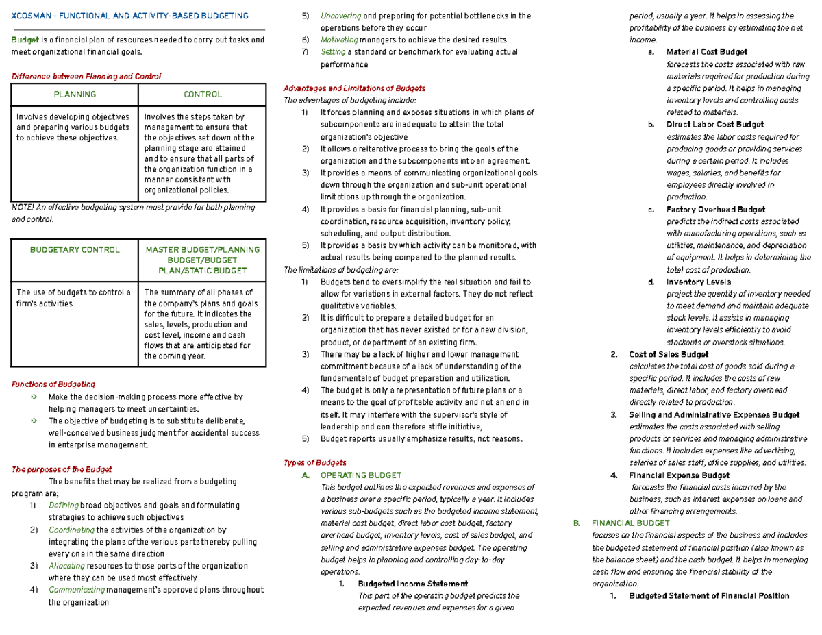 Functional and Activity-Based Budgeting - XCOSMAN - FUNCTIONAL AND ...