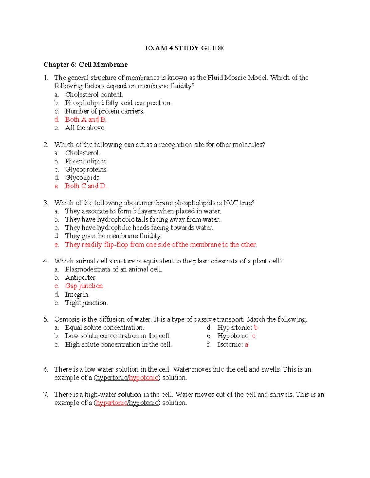 Exam 4 Study Guide Answers - EXAM 4 STUDY GUIDE Chapter 6: Cell ...