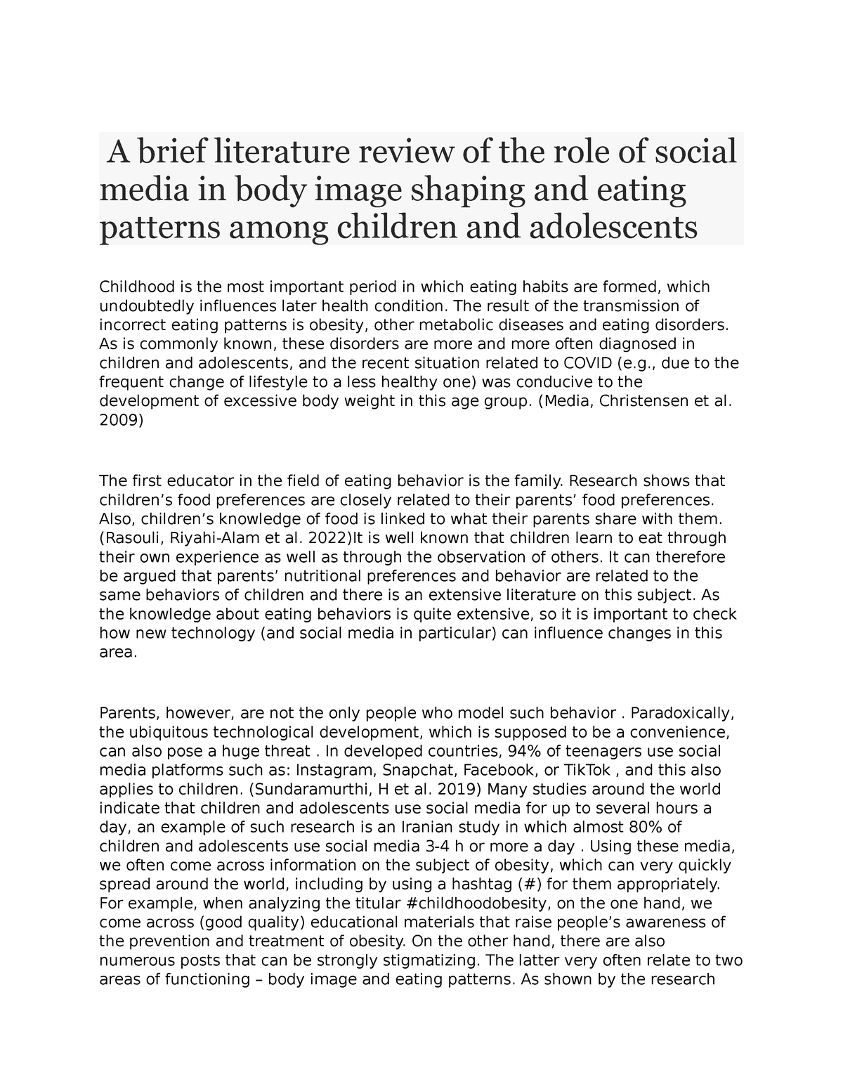 literature review on social media and body image