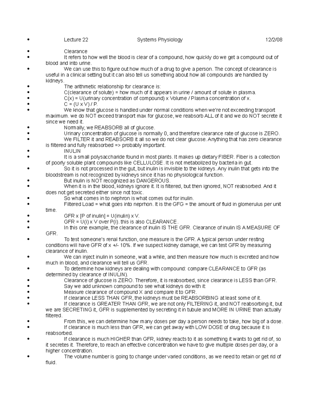 Sys Phys Lec 22 - Lecture notes 1 - Lecture 22 Systems Physiology 12/2 ...