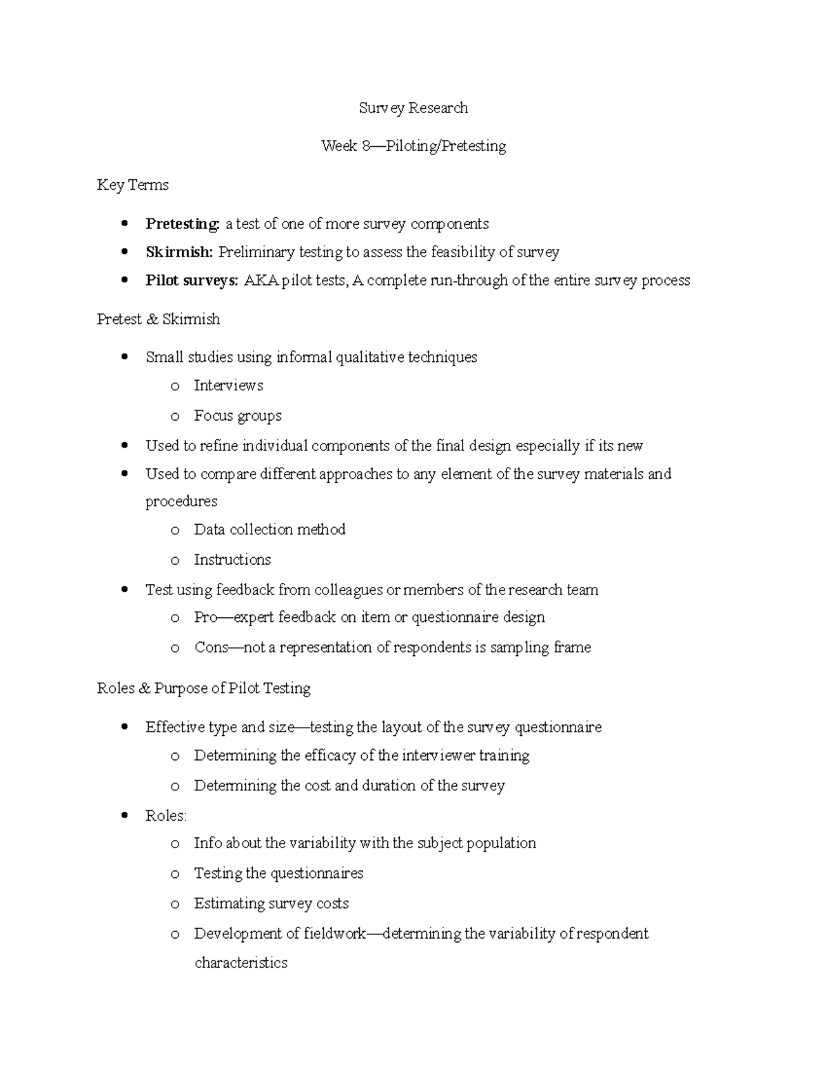 Week 8 - Piloting Pretesting Lecture Notes - Survey Research Week 8 ...