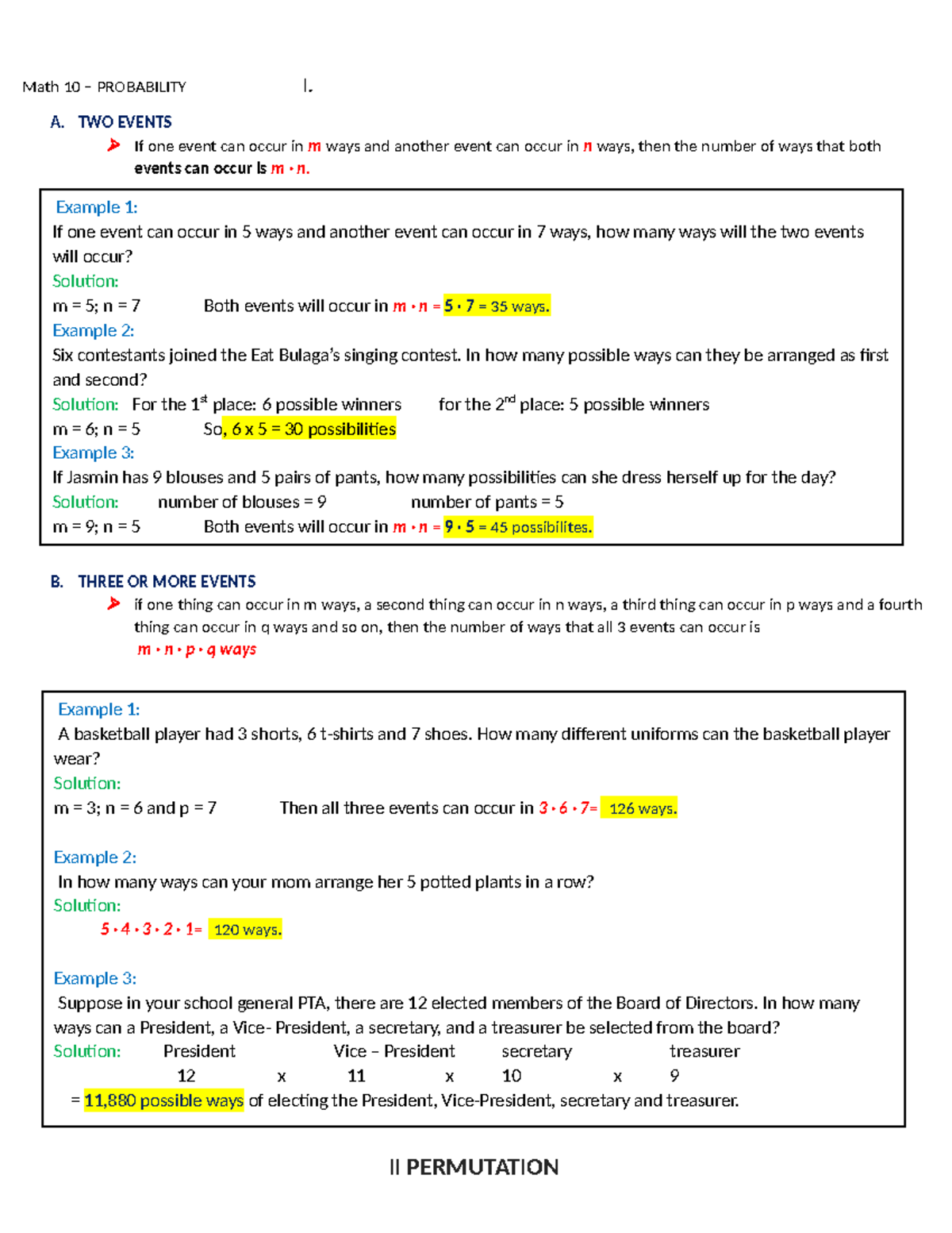 Math 10- Permutation an combination - Math 10 – PROBABILITY I. A. TWO ...