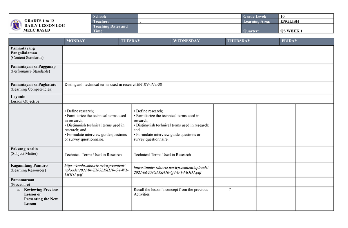 MELC DLL ENG 10 WEEK 1 Q4 DONE - GRADES 1 to 12 DAILY LESSON LOG MELC ...