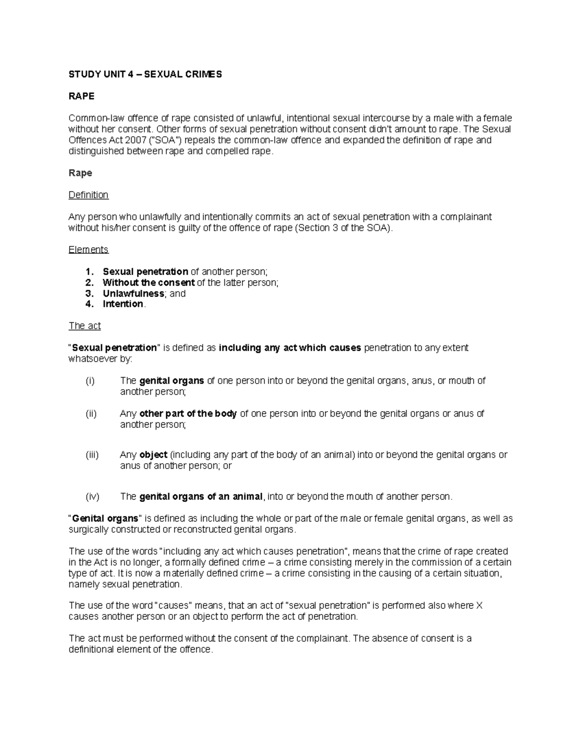 EXAM Notes unit 4 - STUDY UNIT 4 – SEXUAL CRIMES RAPE Common-law ...