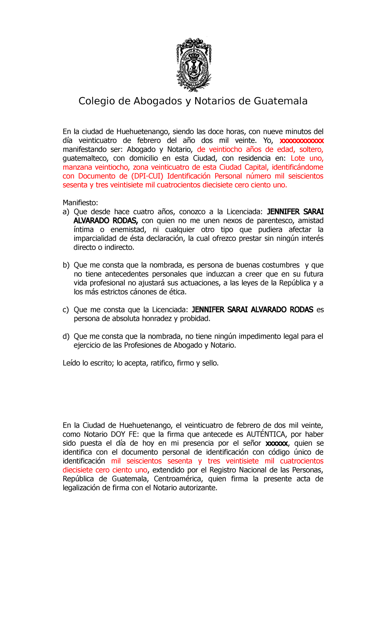 Acta De Declaracion De Testigos Que Requiere El Colegio Colegio De Abogados Y Notarios De 8560
