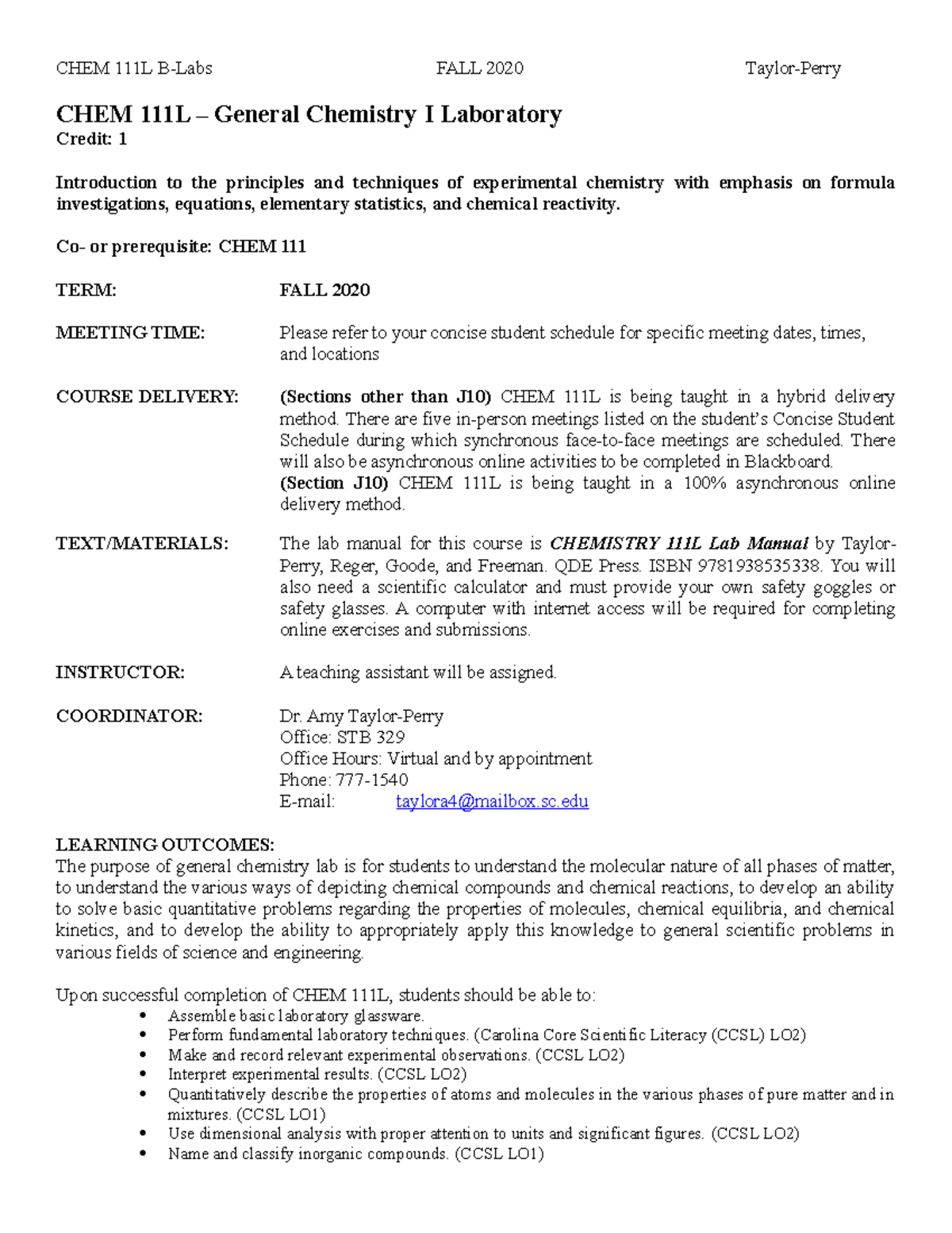 B-Labs CHEM 111L Syllabus Fall 2020 - CHEM 111L – General Chemistry I ...