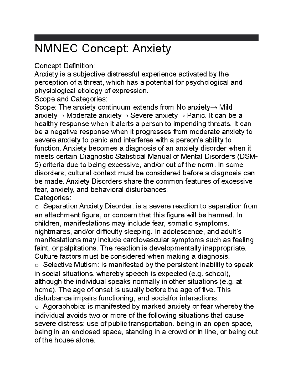 Anxiety lecture notes - NMNEC Concept: Anxiety Concept Definition ...