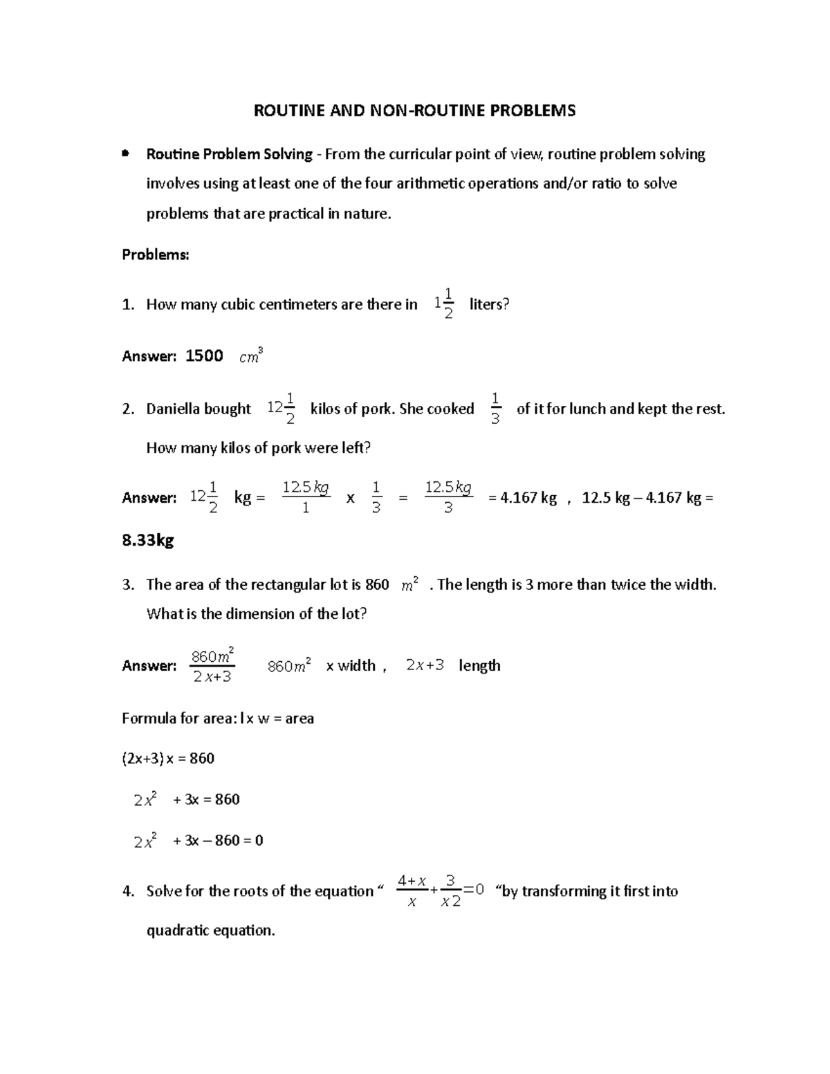 problem solving routine and non routine problems examples with answers