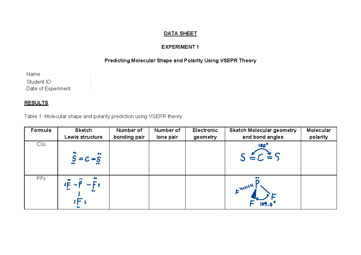 experiment 1 data sheet