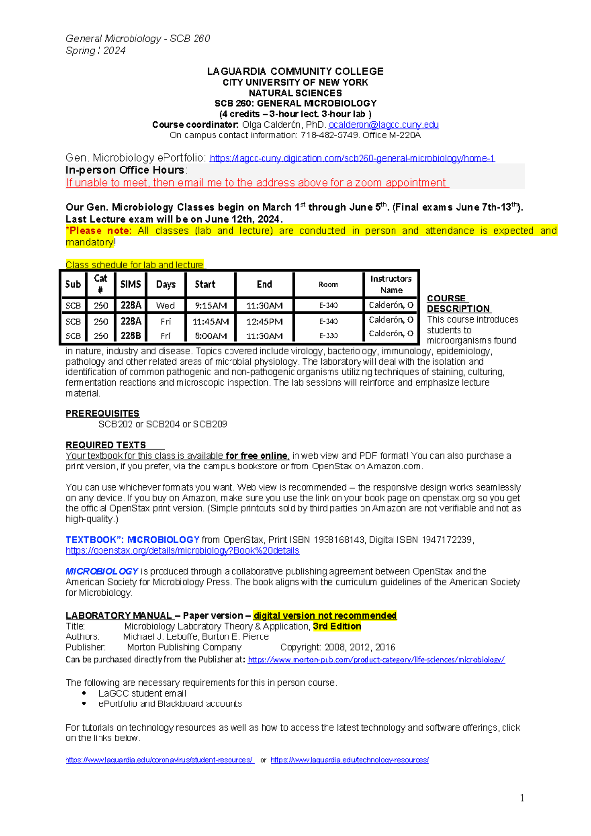 UpdatedSCB 260.CalderonSpring I 2024 Syllabus.050824 (1)(1) Spring I 2024 LAGUARDIA