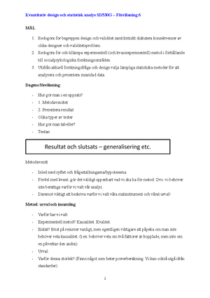 Kvantitativ Design Och Statistisk Analys SD530G – Föreläsning 2 Den ...