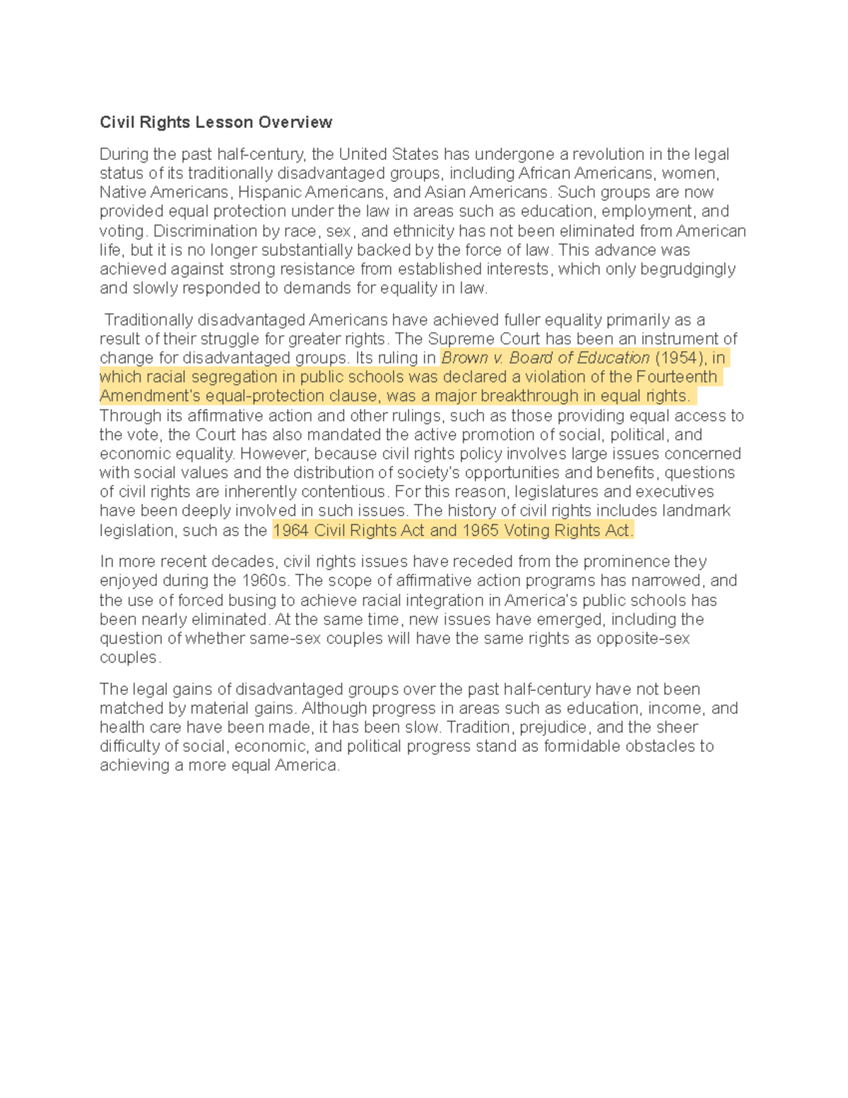 Gov ch5 notes - Civil Rights Lesson Overview During the past half ...