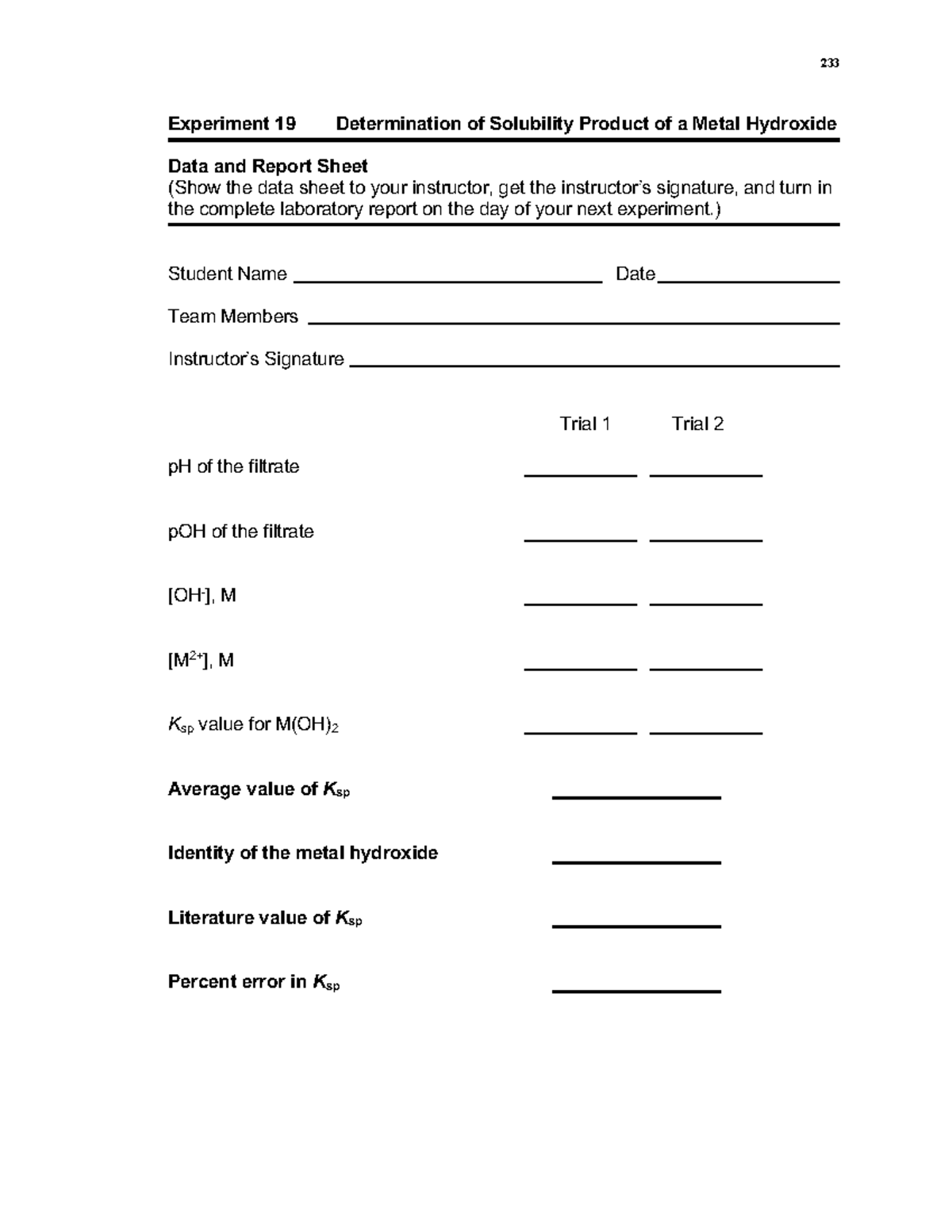 Experiment 19 Data and Report Sheet - 233 Experiment 19 Determination ...