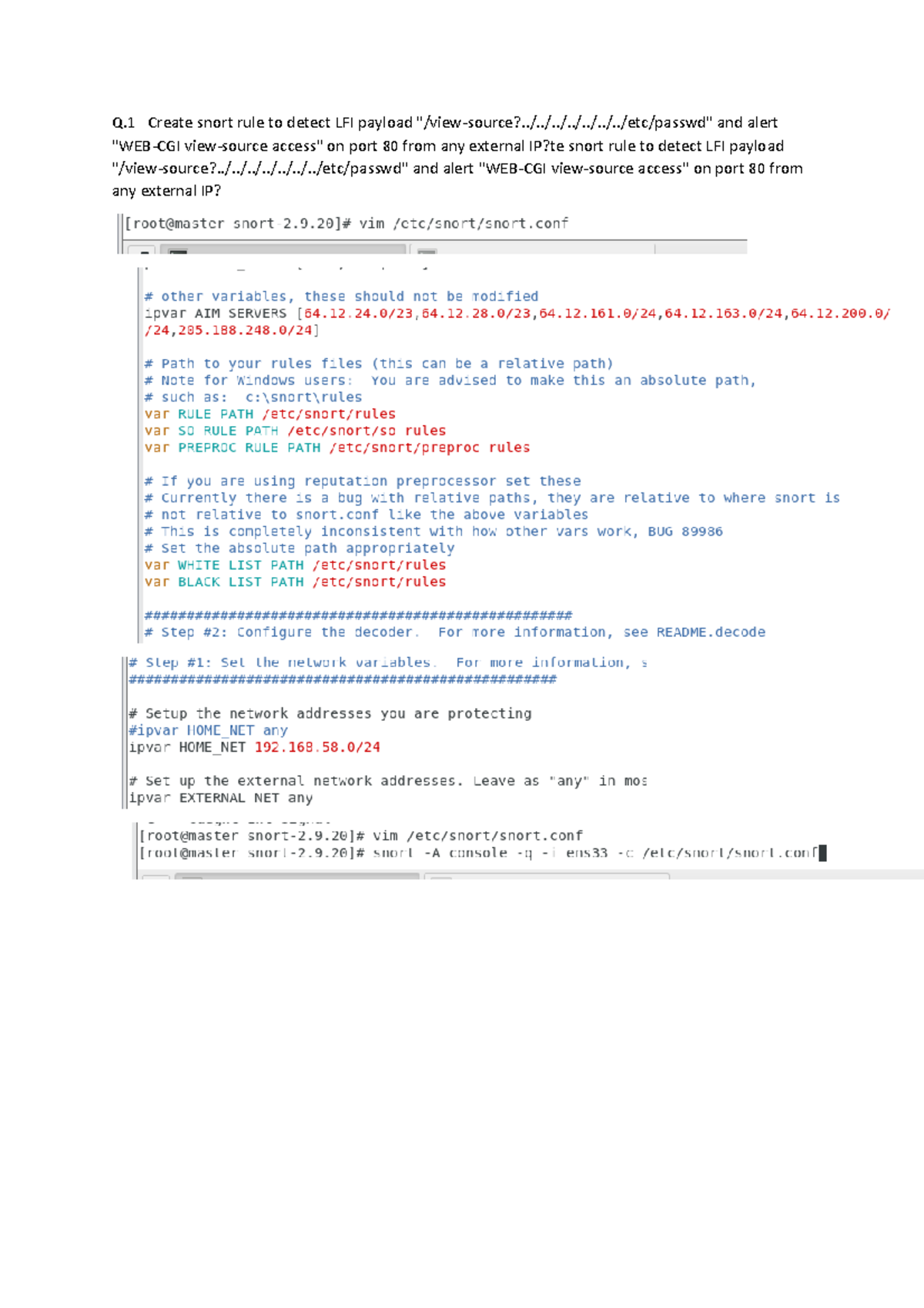 Security concept prectical Q Create snort rule to detect LFI payload