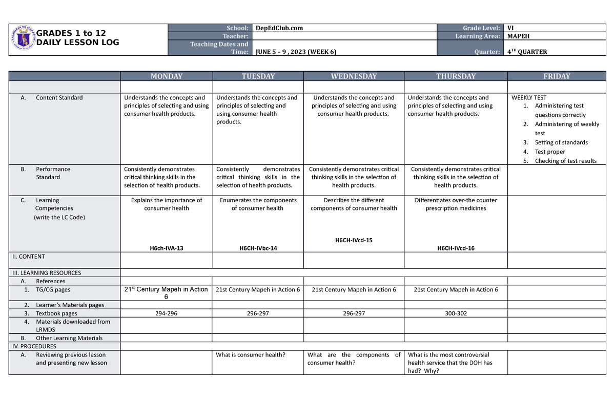 DLL Mapeh 6 Q4 W6 - Ffff - GRADES 1 To 12 DAILY LESSON LOG School ...