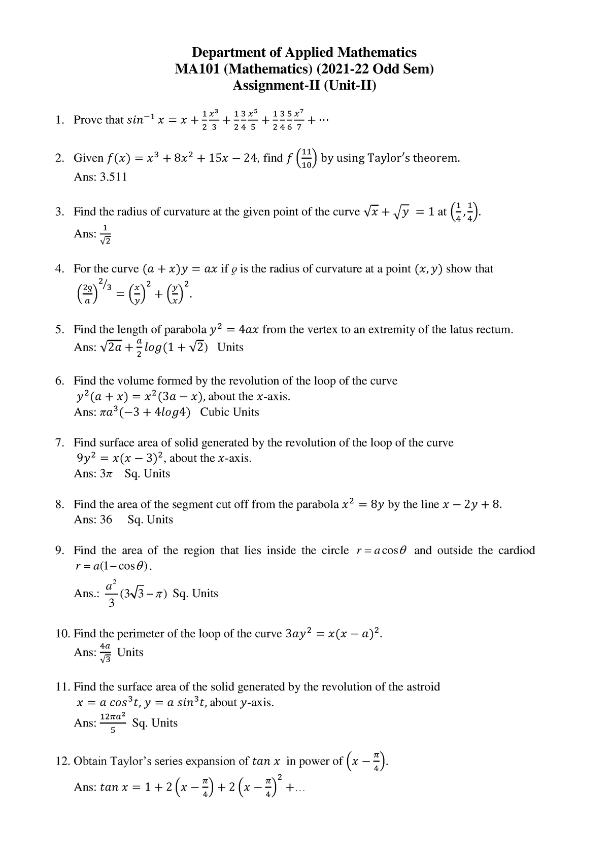 Assignment-II MA101 - 16 questions on length of arc, volume of solid ...