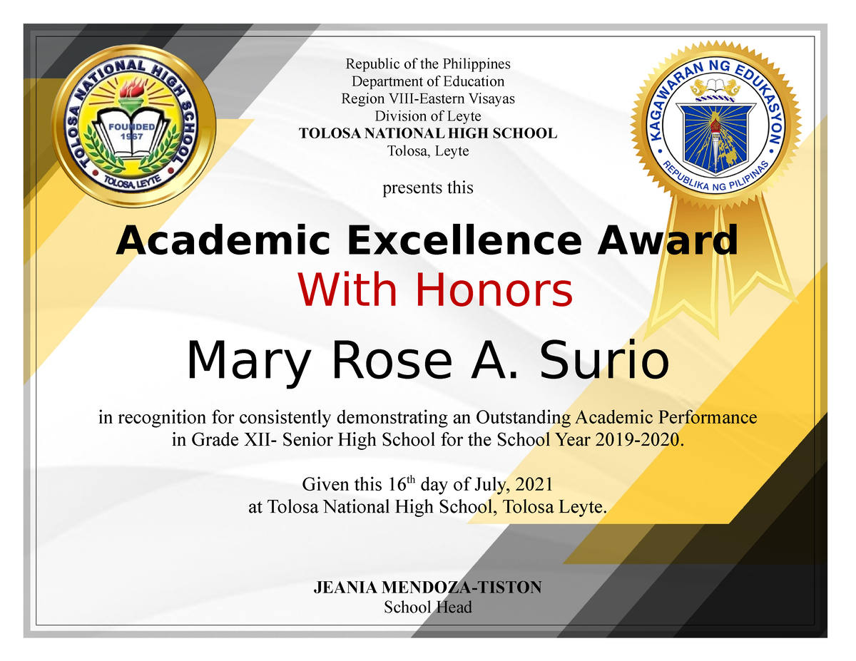 certificate of academic excellence meaning