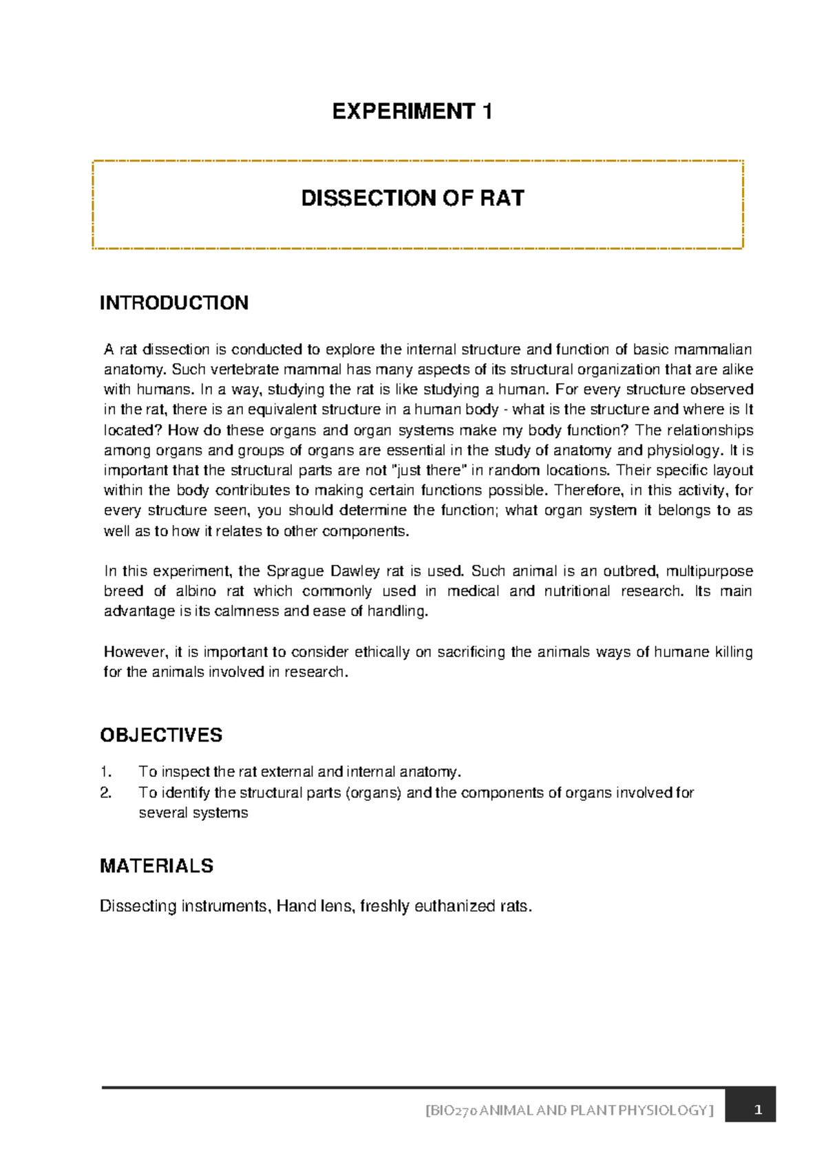 BIO EXP 1 Lab manual DISSECTION OF RAT EXPERIMENT 1 INTRODUCTION A