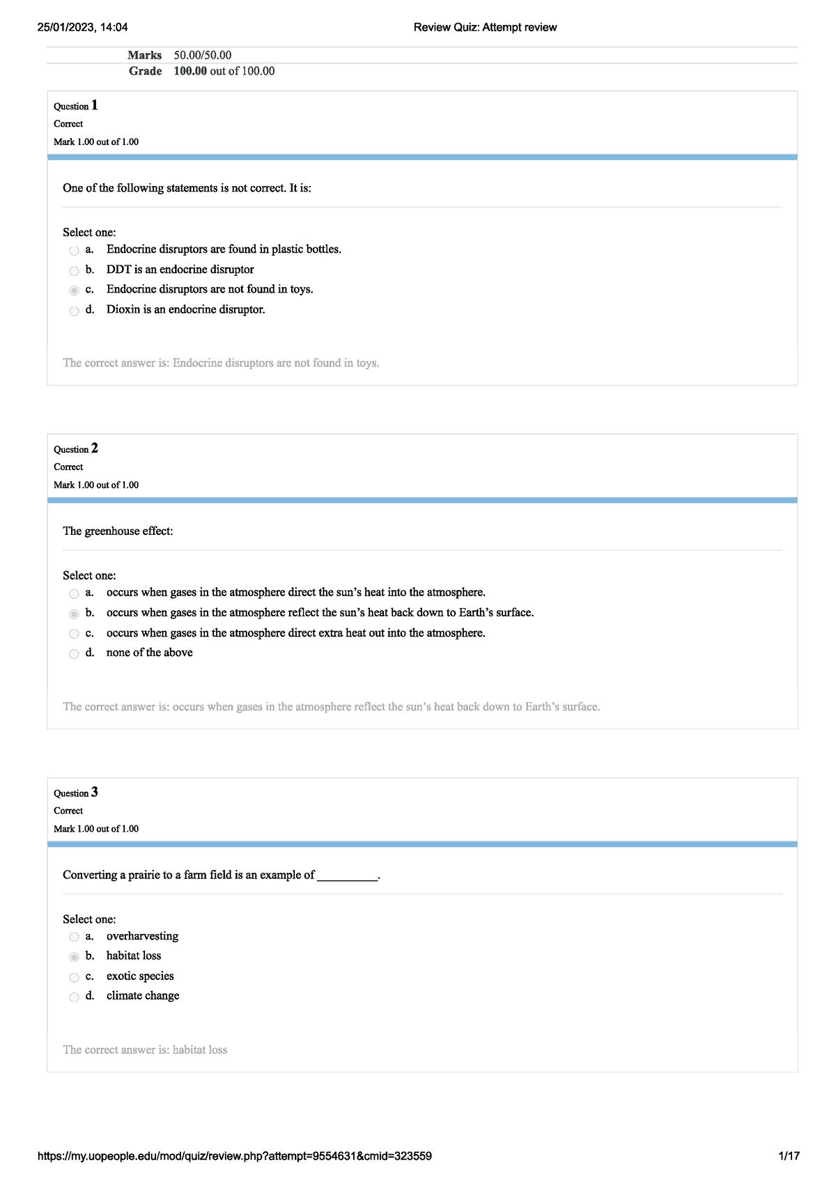 Review Quiz For Final Exam - Envs 1301 - Introduction To Environmental 