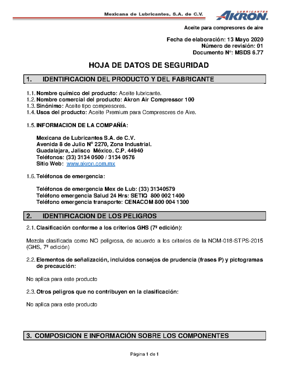 Akron Air Compressor 100 Hoja de Seguridad - Fecha de elaboración: 13 ...