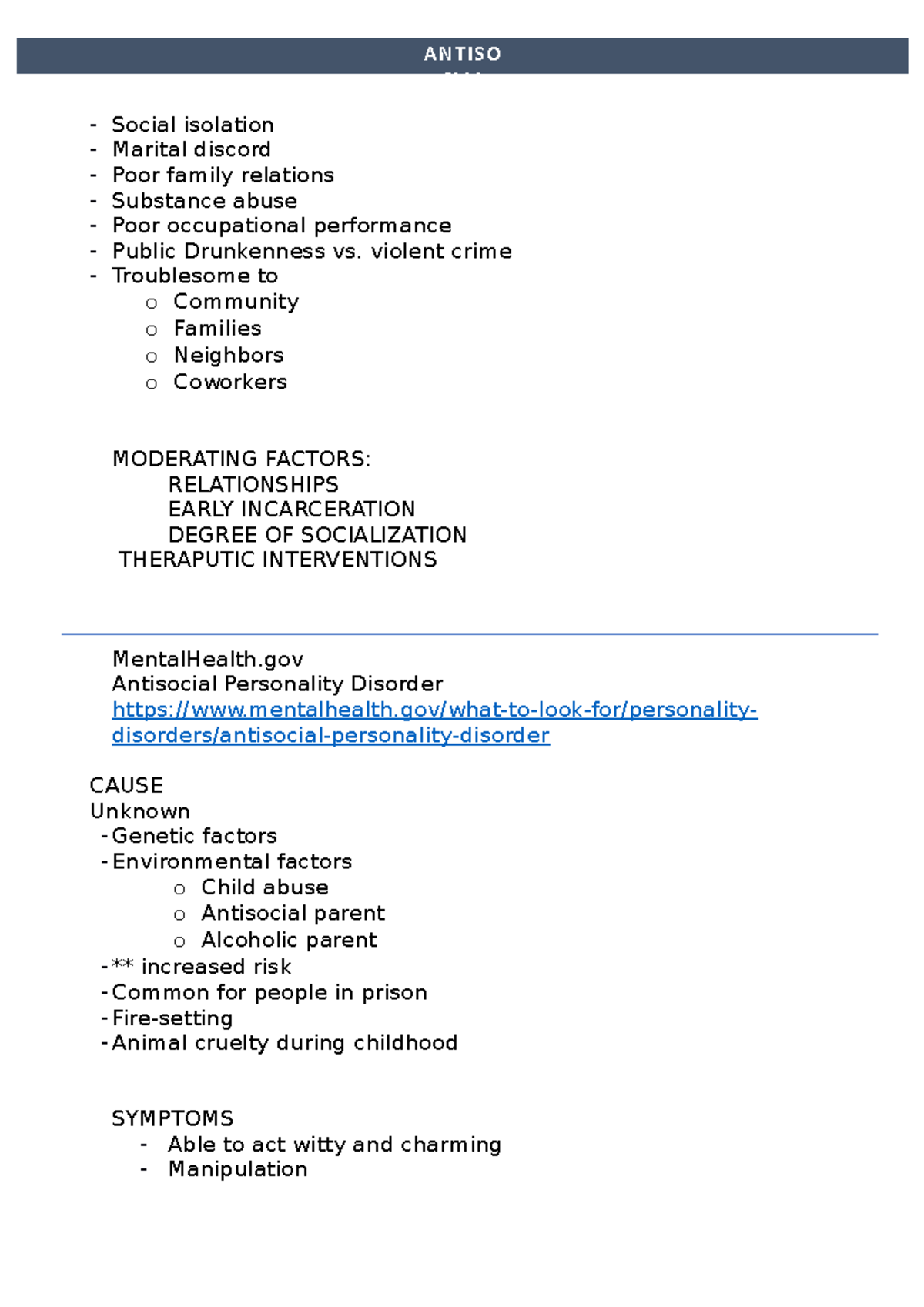 ASPD presentation notes-1 - Social isolation Marital discord Poor ...