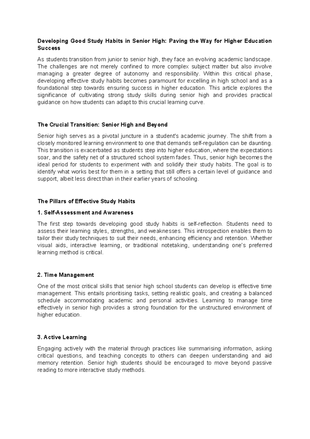 Developing Good Study Habits in Senior High - The challenges are not ...