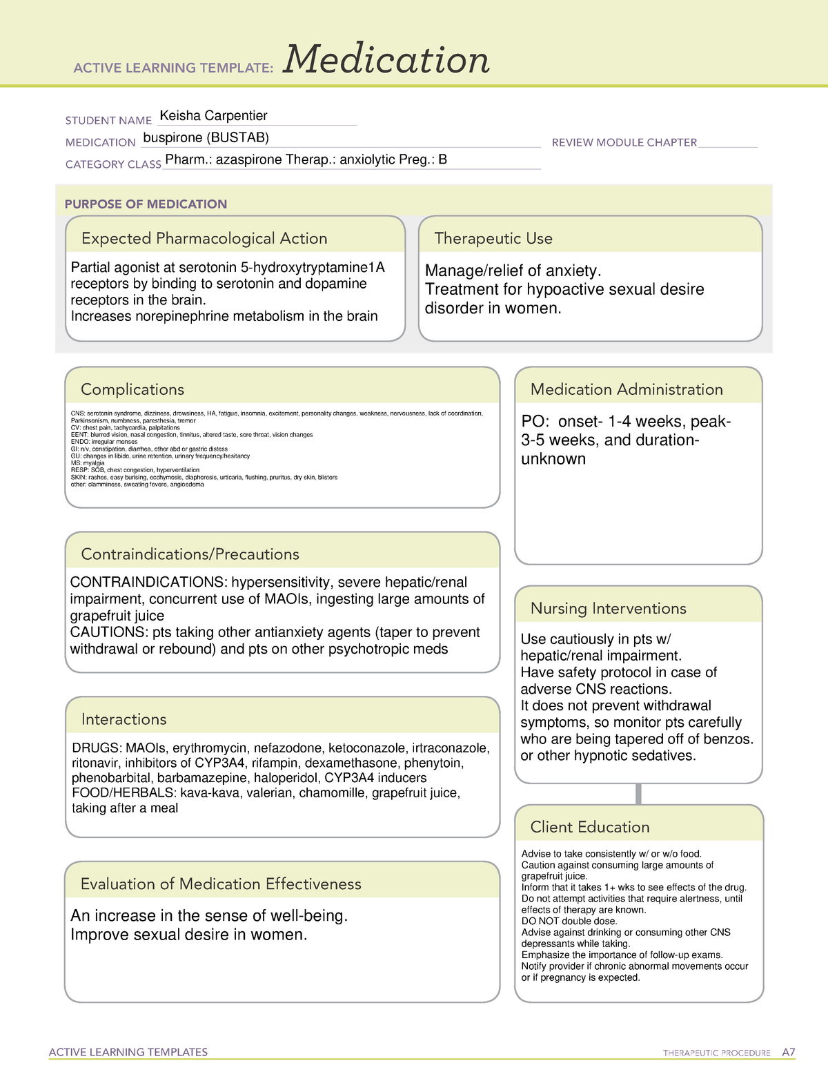 Buspirone ATI Med card ACTIVE LEARNING TEMPLATES THERAPEUTIC