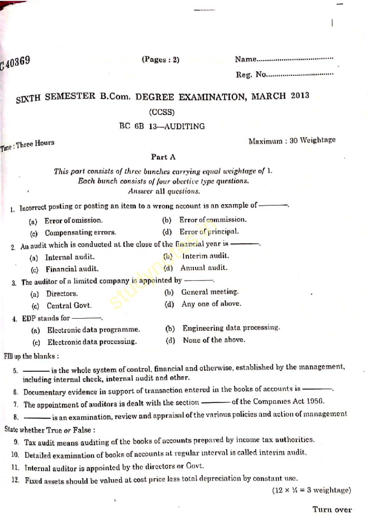 Bcom-auditing-2013 - Question paper - Bachelor of commerce (bcom) - Studocu