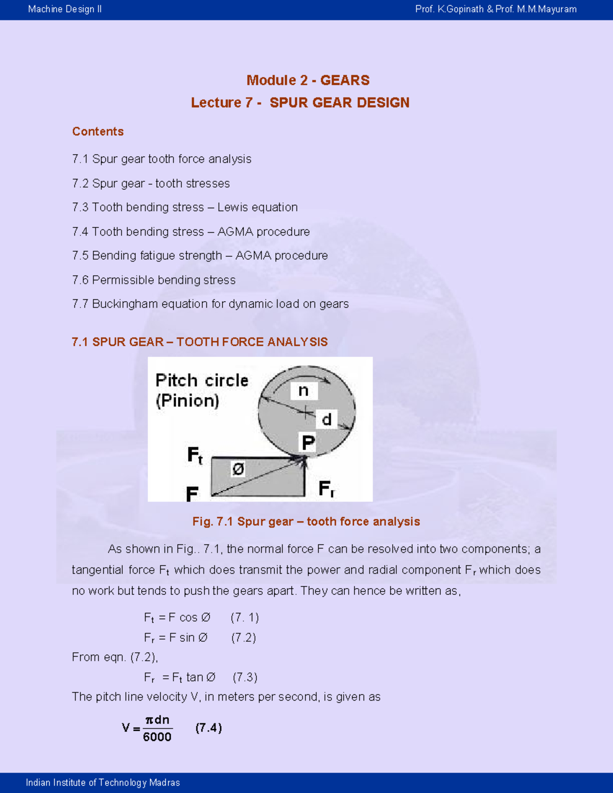 Module 2 gears lecture 7 spur gear design Electrical Engineering