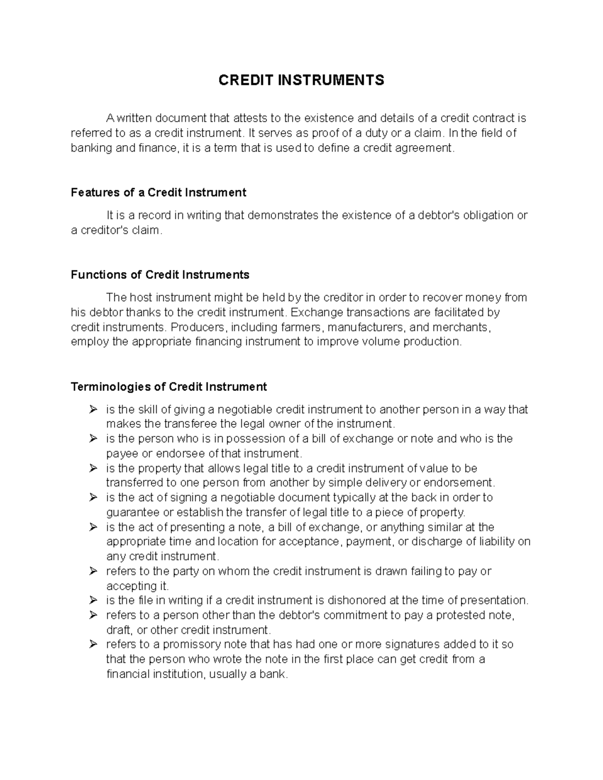 Credit Instruments CREDIT INSTRUMENTS A written document that attests