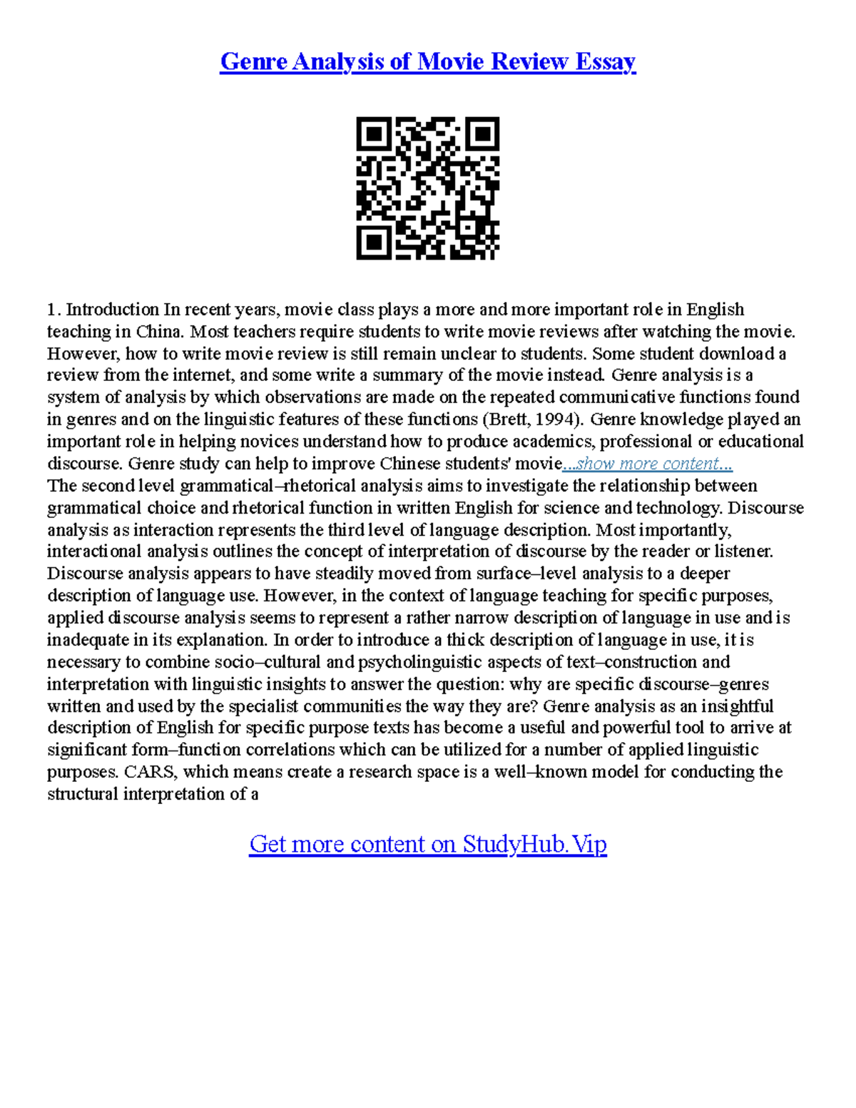 Genre Analysis Essay - Genre Analysis of Movie Review Essay ...