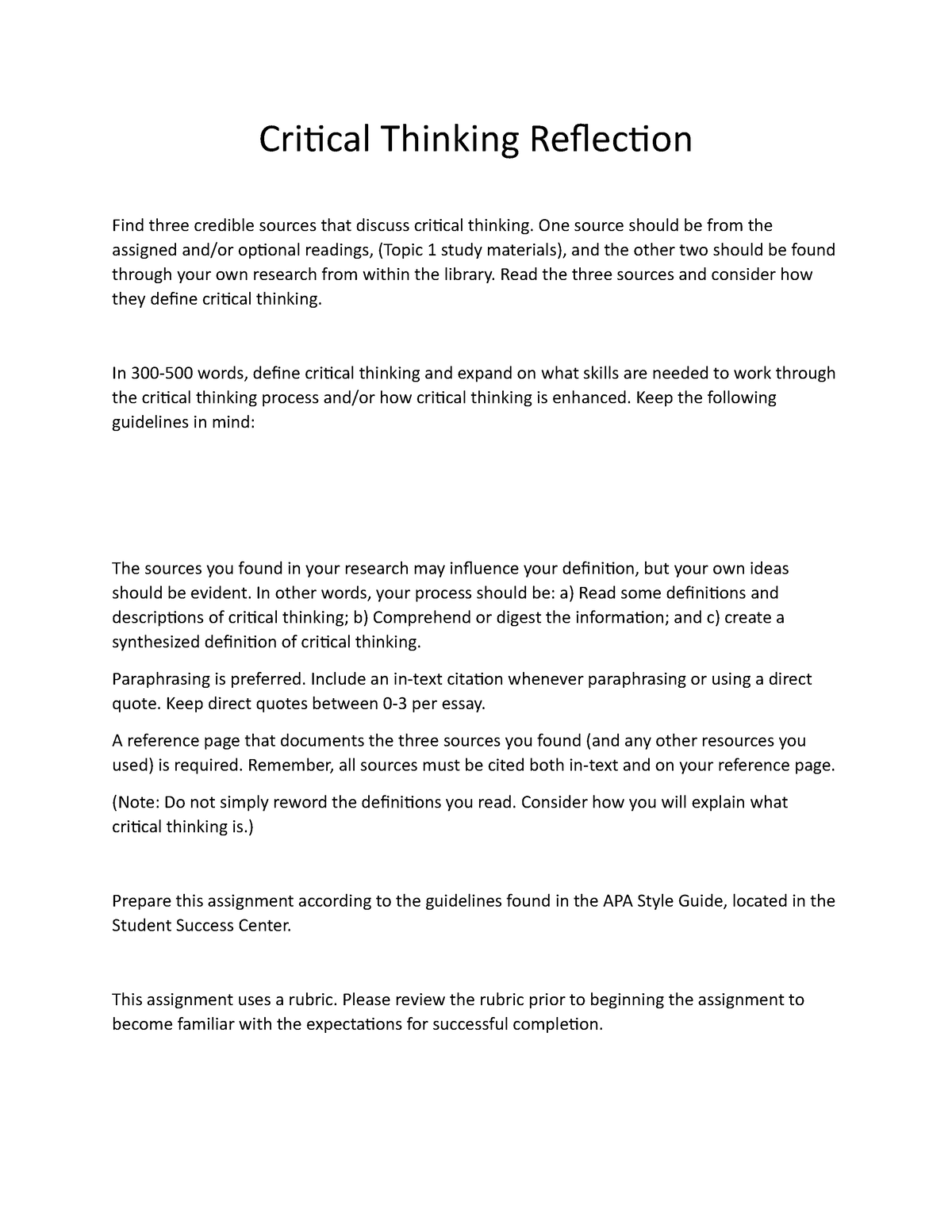 self reflection on critical thinking