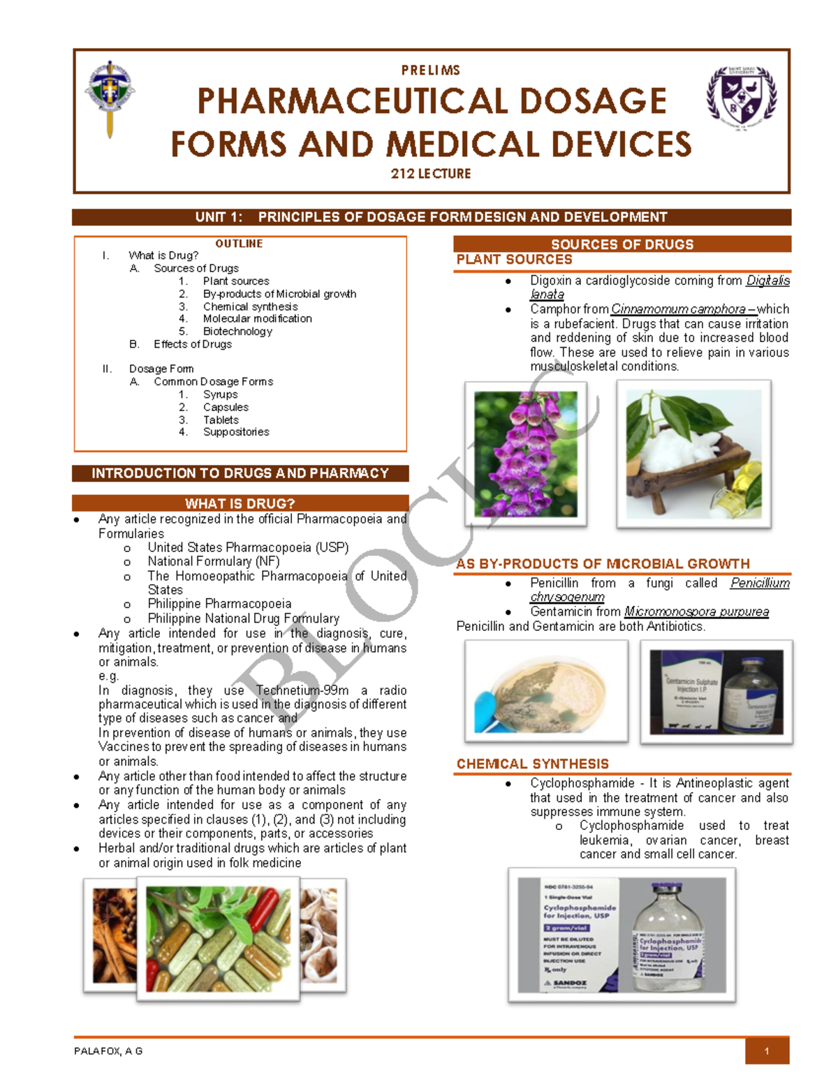 212-DDS - Lectures notes - PALAFOX, A G 1 UNIT 1: PRINCIPLES OF DOSAGE ...