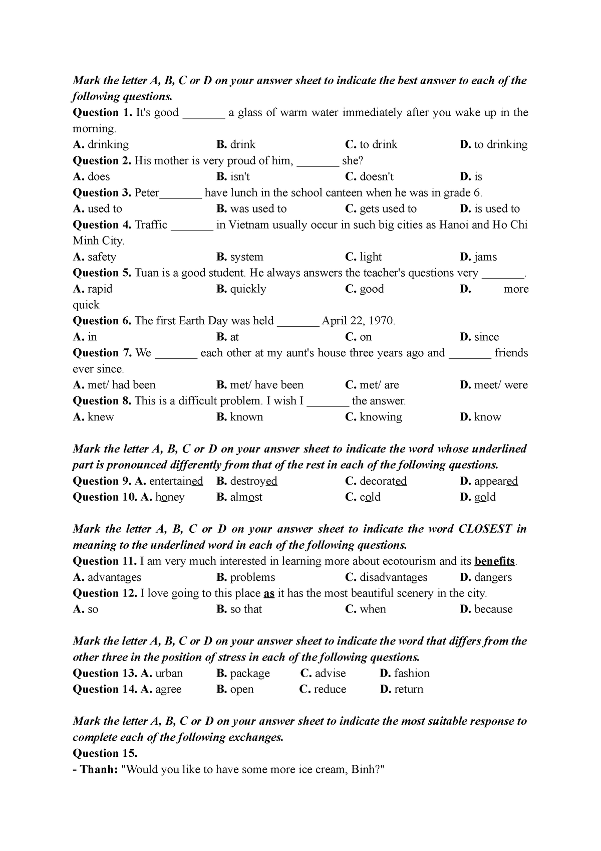 Placement Test - Test Trình độ Tiếng Anh - Mark The Letter A, B, C Or D ...