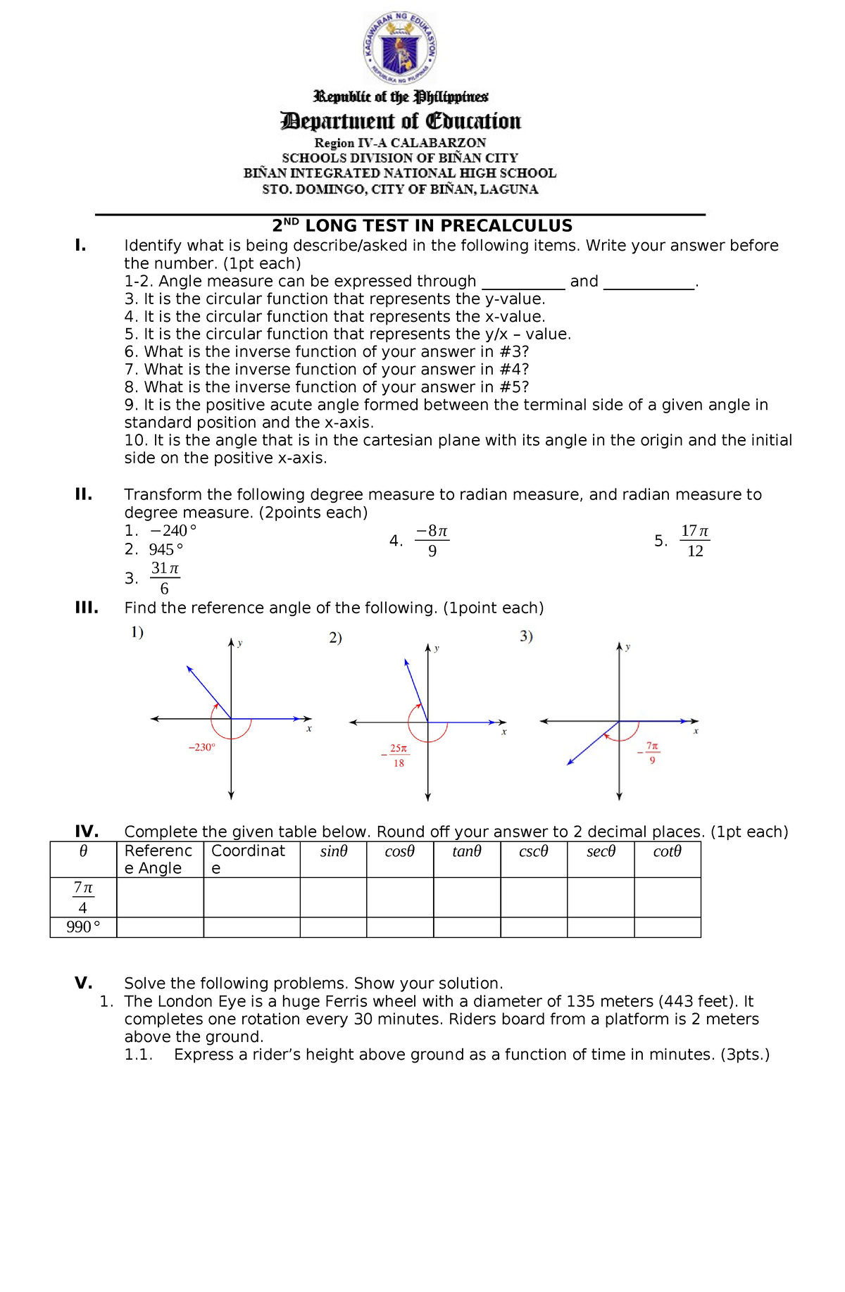 LONG-TEST 2Q Precal - Hello - 2 ND LONG TEST IN PRECALCULUS I. Identify ...