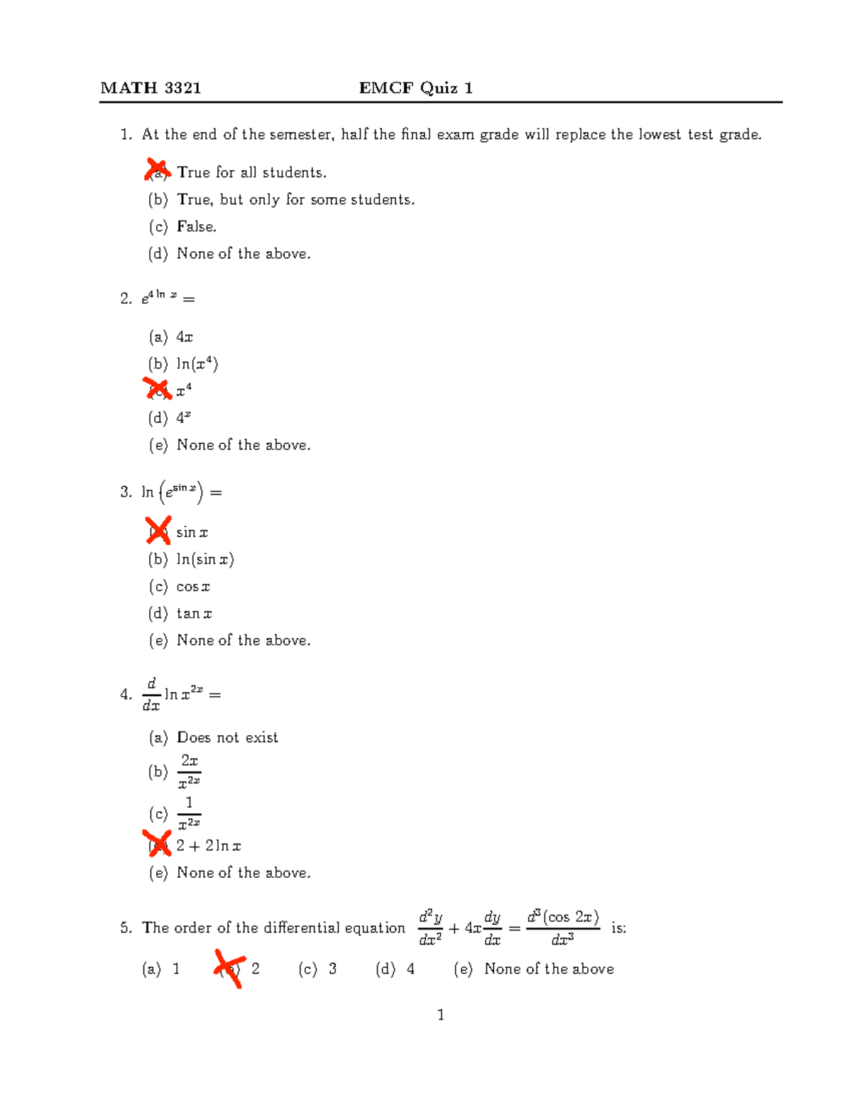 EMCF-1-F24 - emcf 1 solution - MATH 3321 EMCF Quiz 1 At the end of the ...