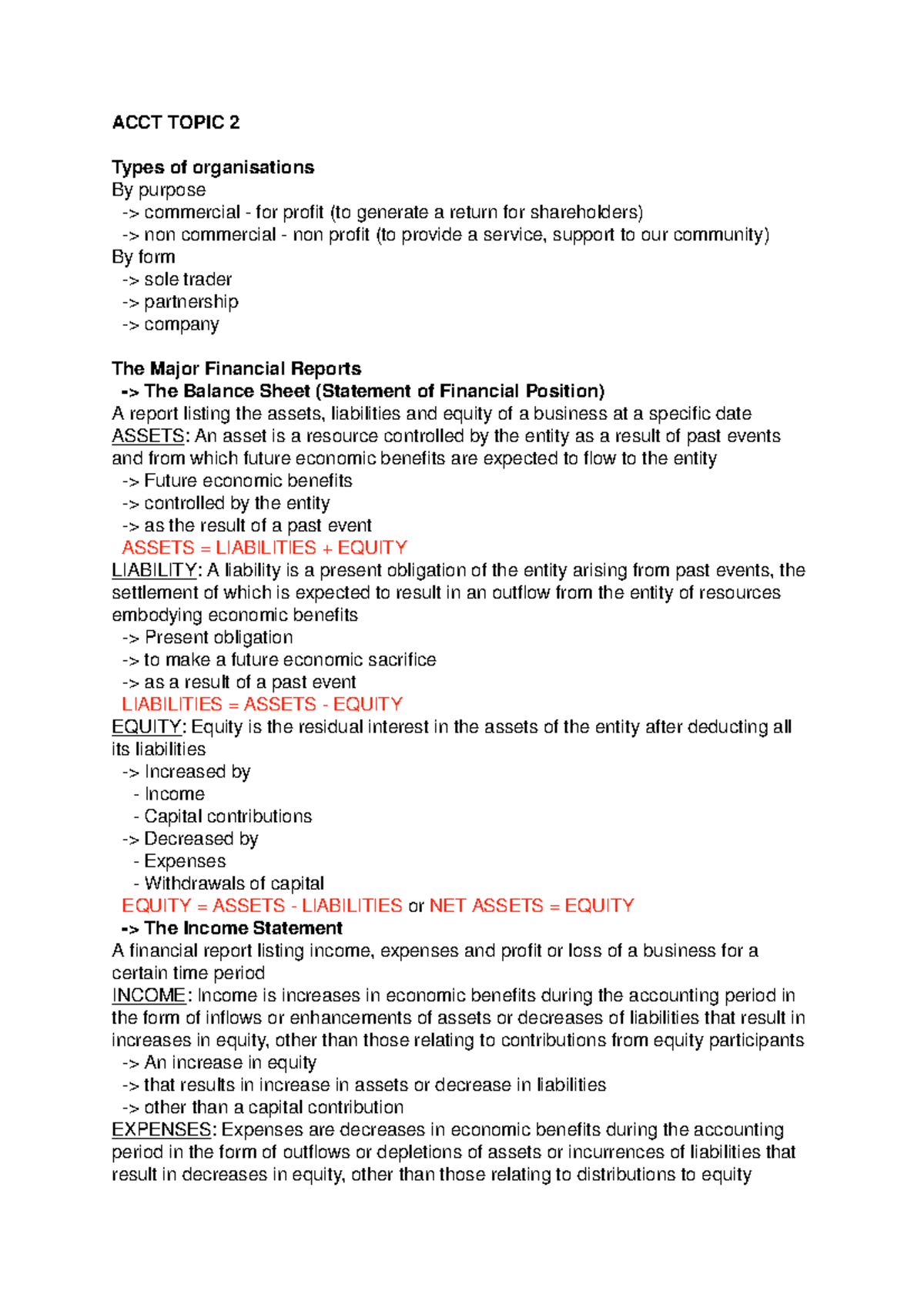 Accounting for Business - Lecture notes - Topic 2 - ACCT TOPIC 2 Types ...