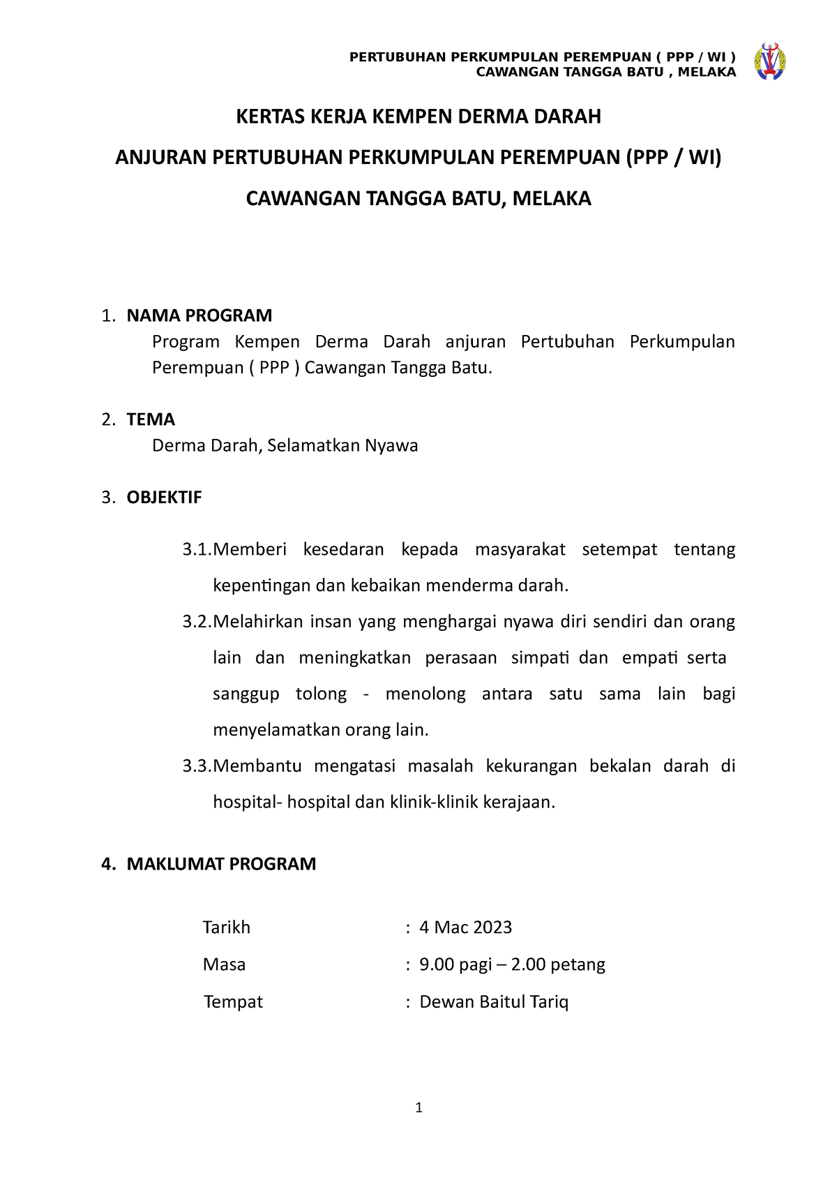 Kertas Kerja Kempen Derma Darah - CAWANGAN TANGGA BATU , MELAKA KERTAS ...