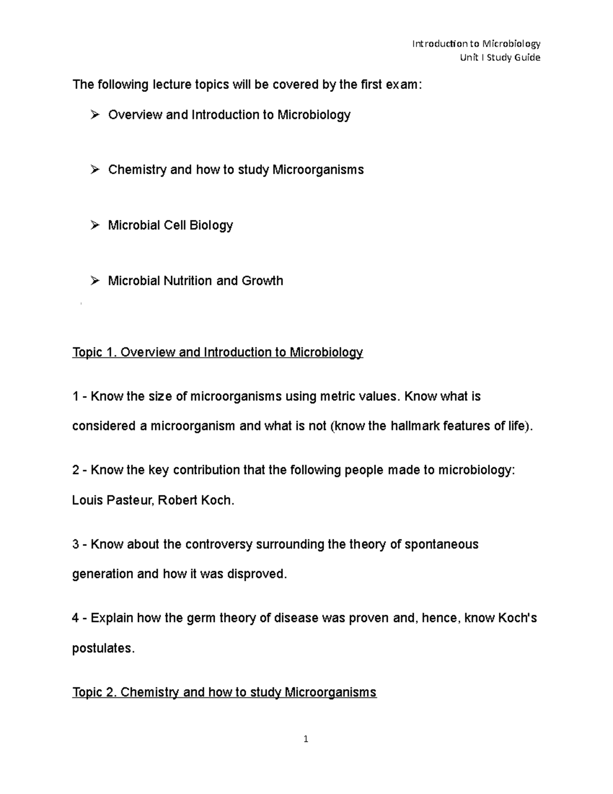 2021- Microbiol - Unit One Study Guide - Exam One - The Following ...