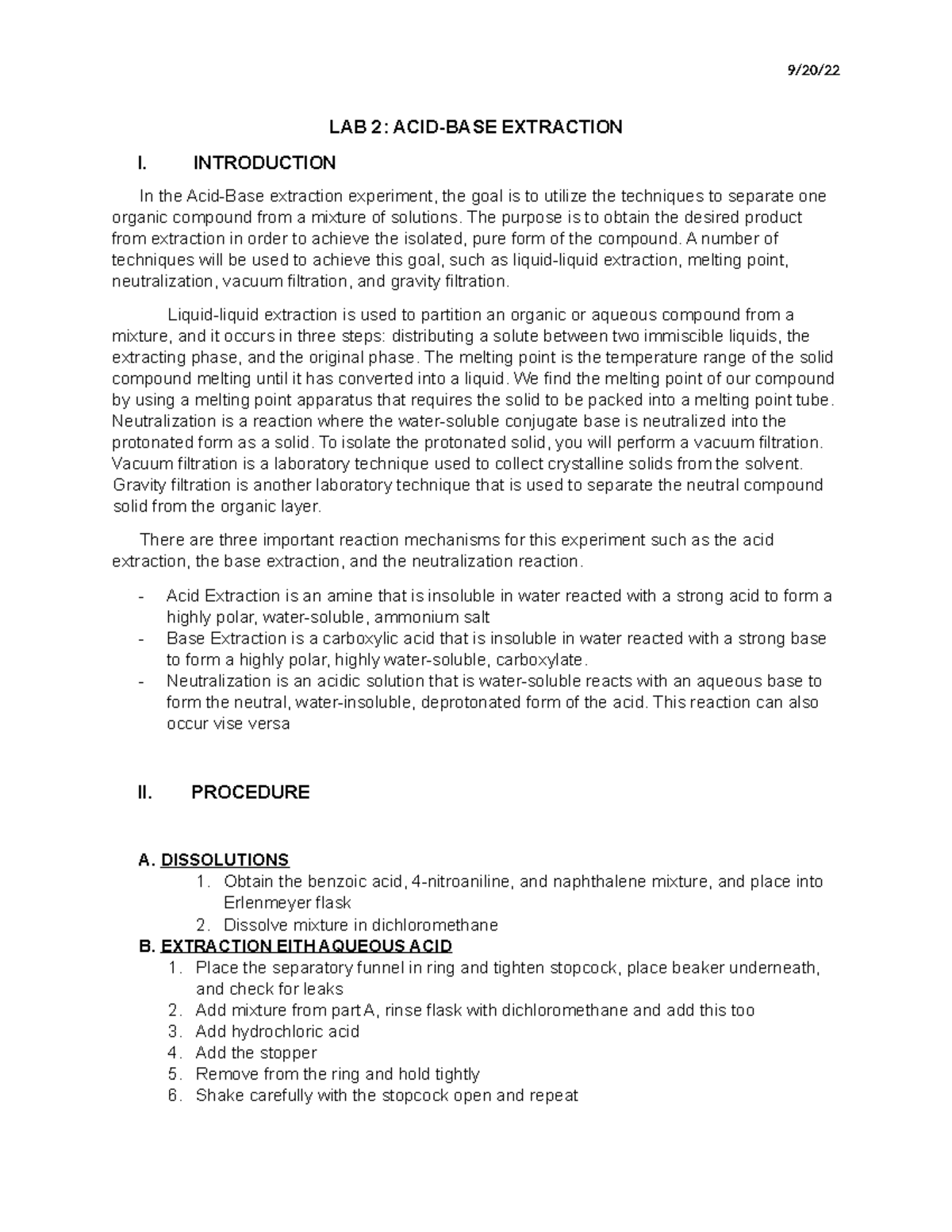 LAB 2 ACIDBASE Extraction LAB 2 ACIDBASE EXTRACTION I