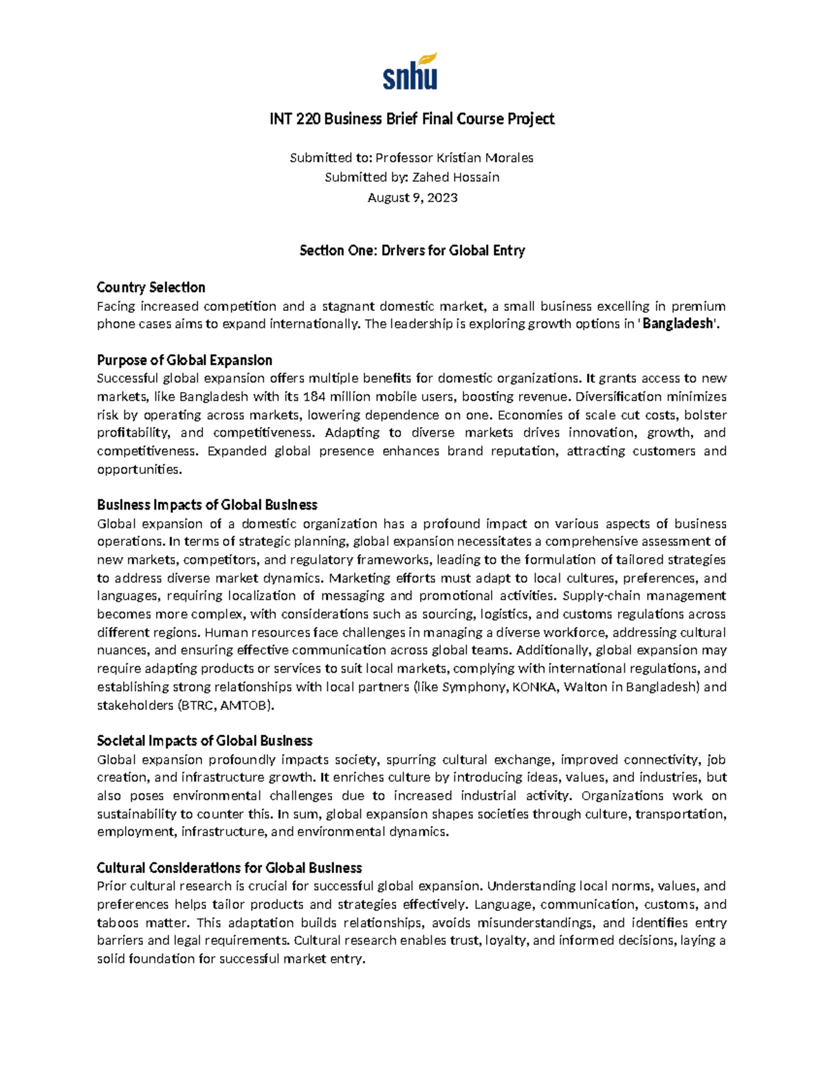 INT 220 Final Project Submission - INT 220 Business Brief Final Course ...