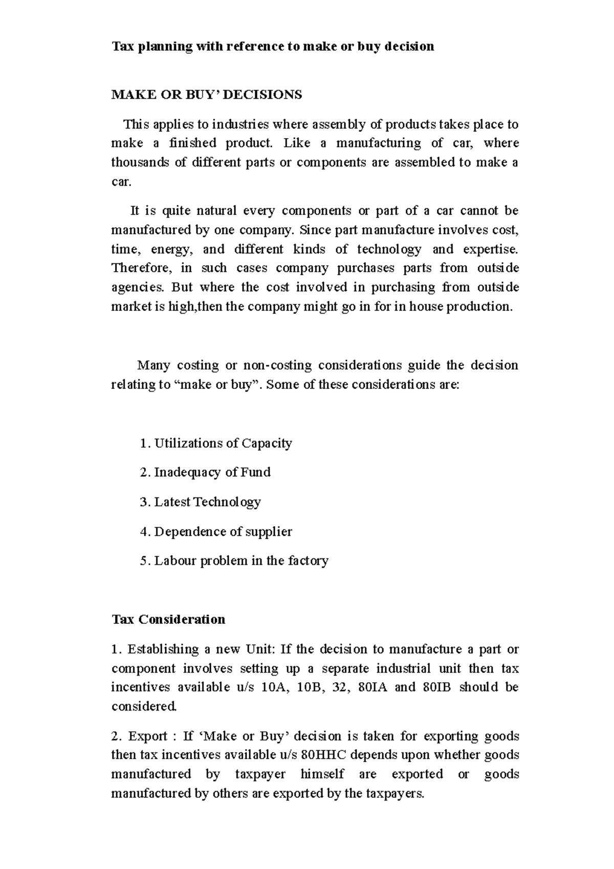 Tax Planning With Reference To Make Or Buy Decision - Like A ...
