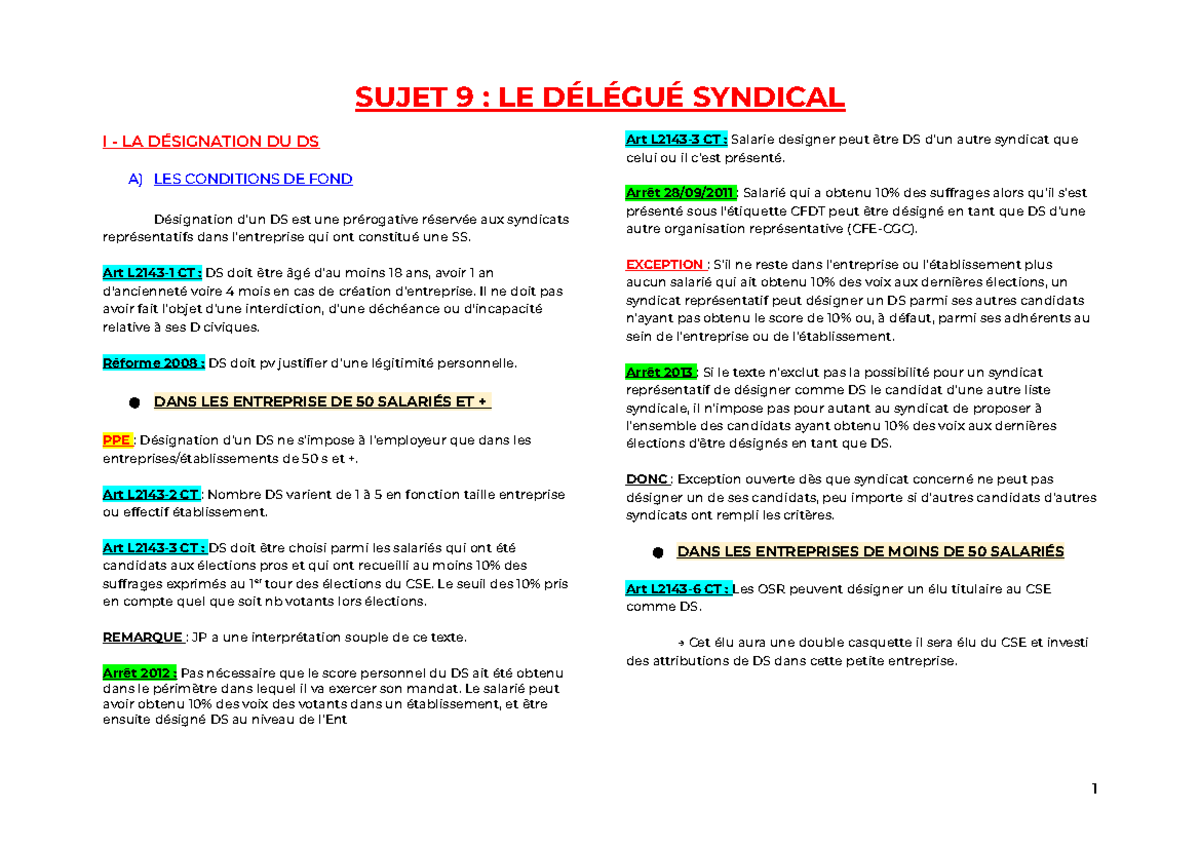 Sujet 9 LE Délégué Syndical - SUJET 9 : LE DÉLÉGUÉ SYNDICAL I - LA ...