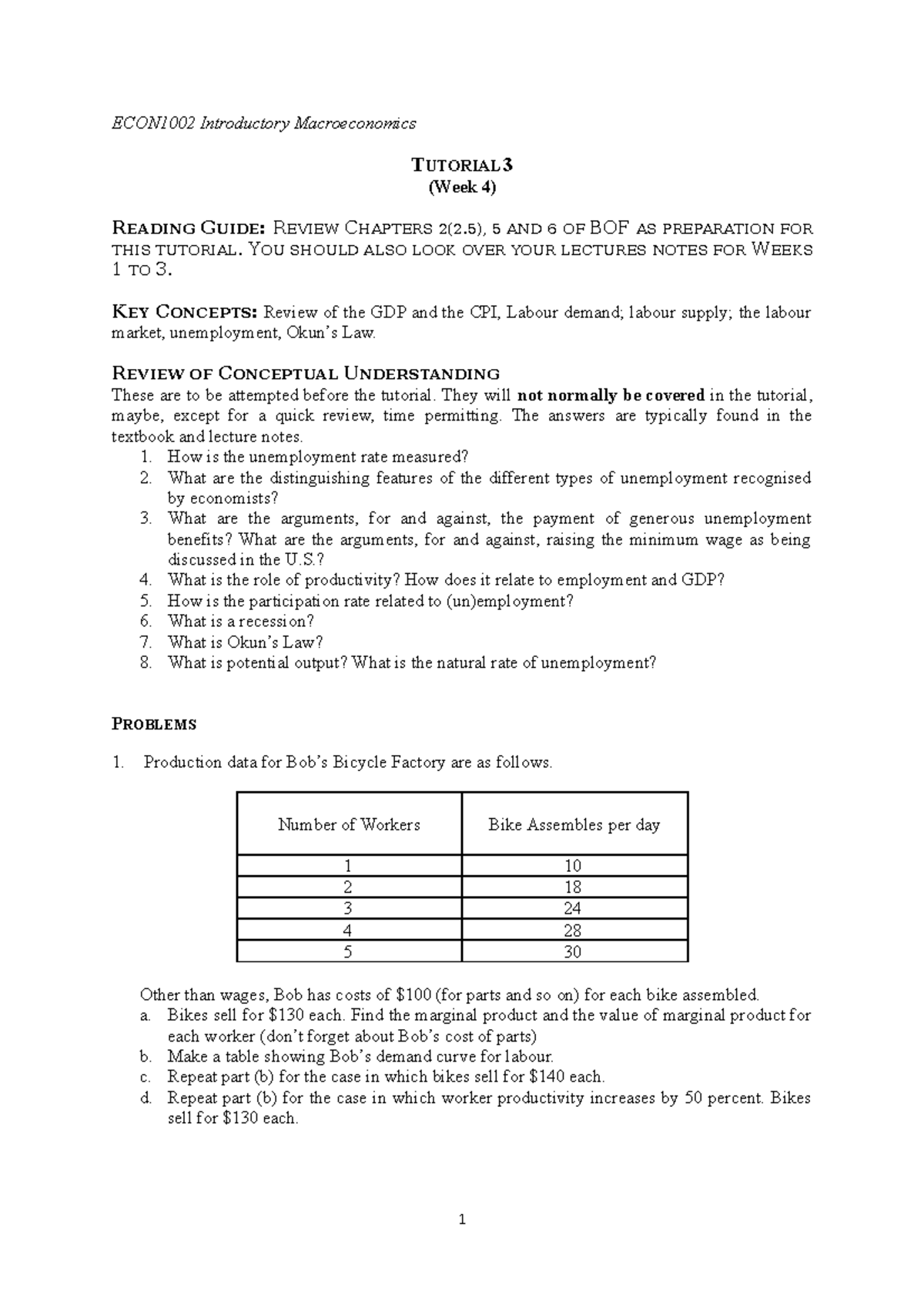 Tutorial 03 Questions - ECON1002 Introductory Macroeconomics TUTORIAL 3 ...