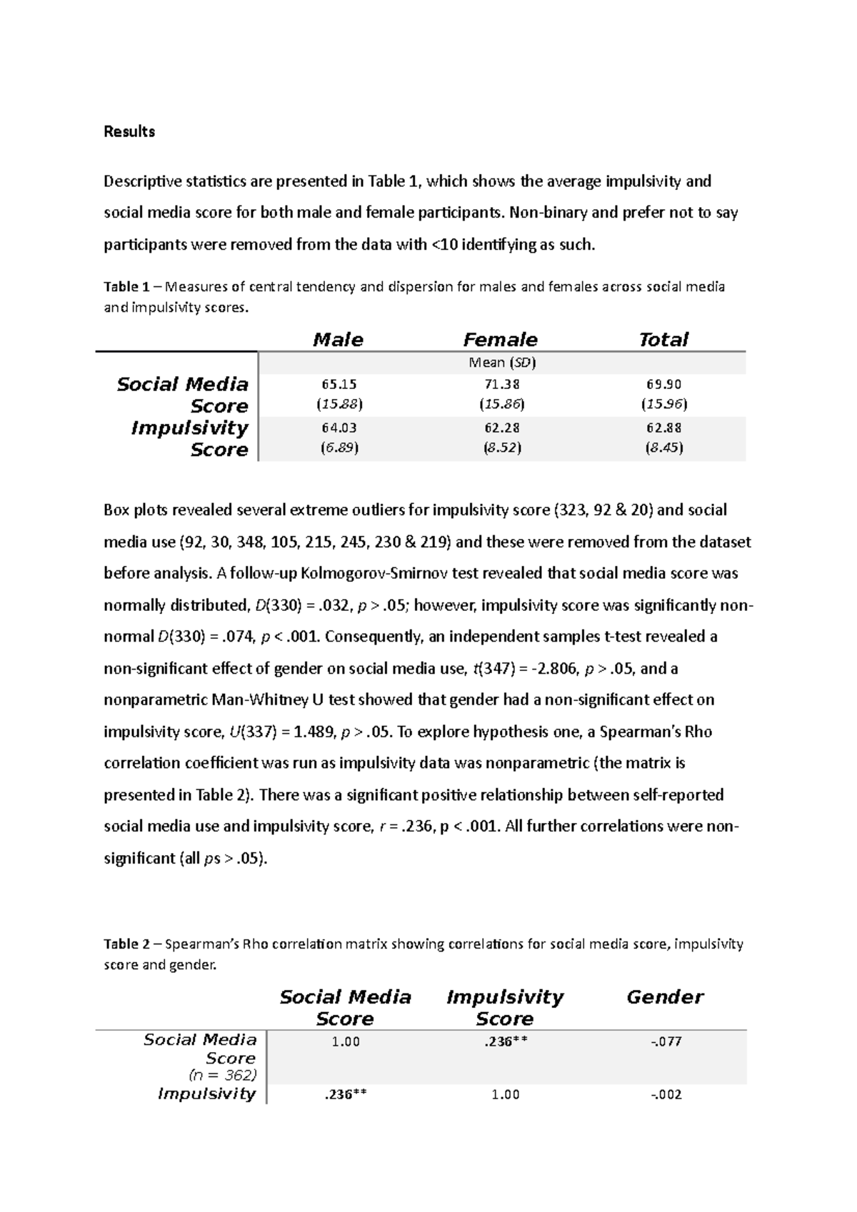 First year results section - Results Descriptive statistics are ...