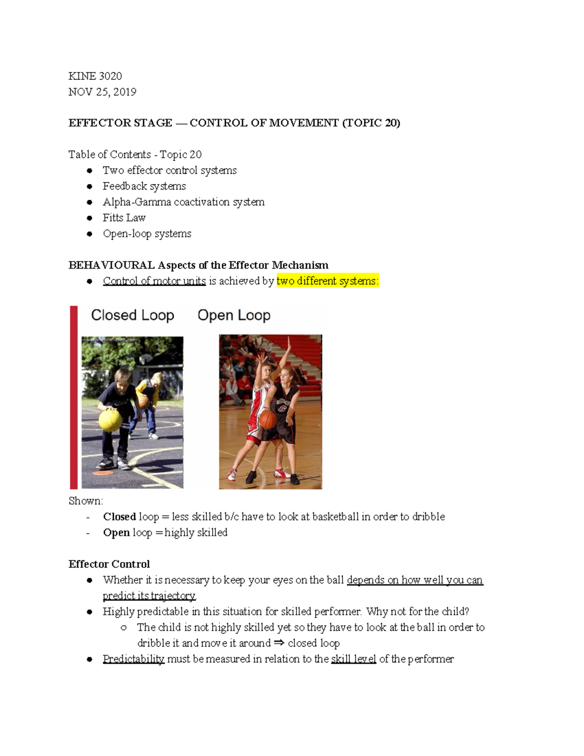 KINE 3020 NOV 25 Lecture notes - KINE 3020 NOV 25, 2019 EFFECTOR STAGE ...