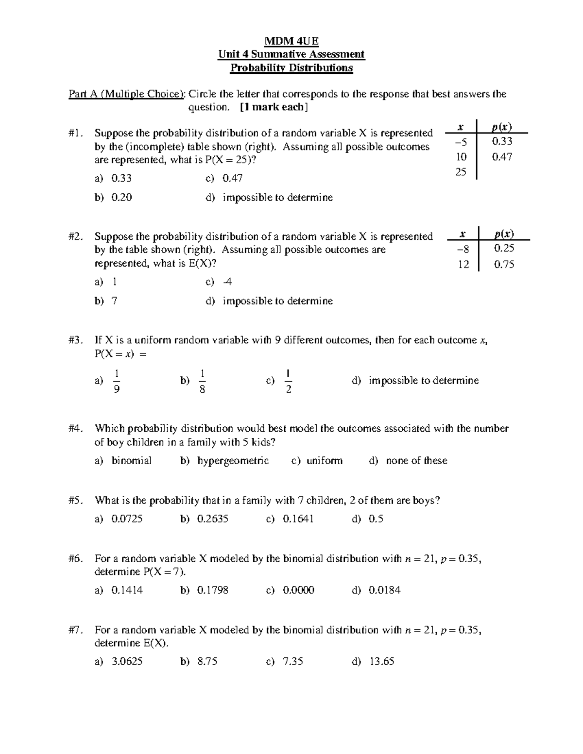 Unit 4 Summative Assessment - MDM 4UE Unit 4 Summative Assessment ...