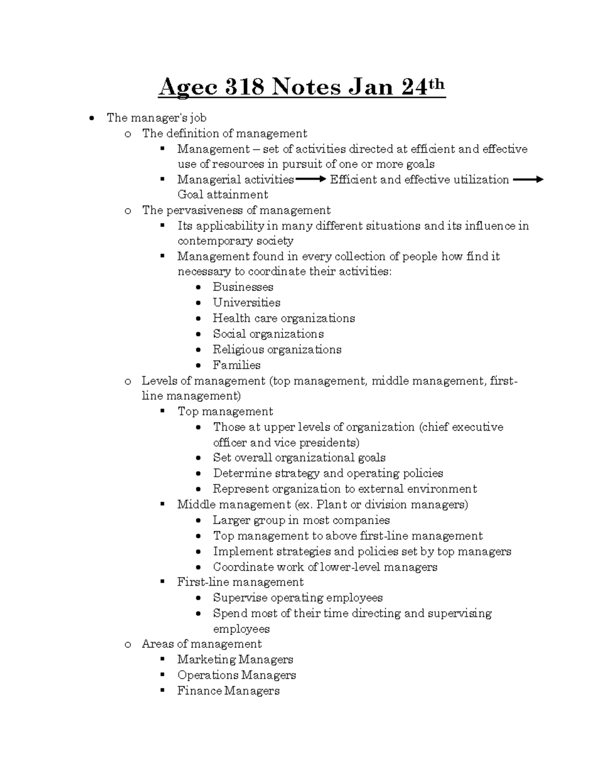 Agec 318 Lecture 2 Notes - Agec 318 Notes Jan 24th The manager’s job o ...
