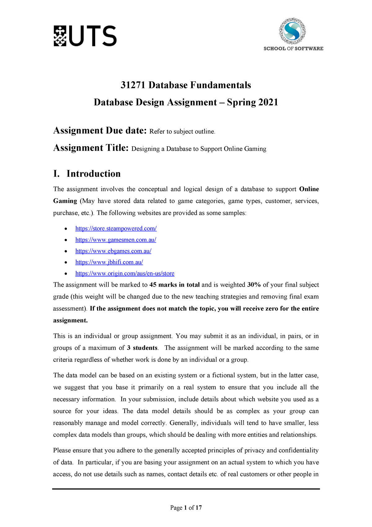 0-31271 DBdesign Assignment Specification S2021 - 31271 Database ...